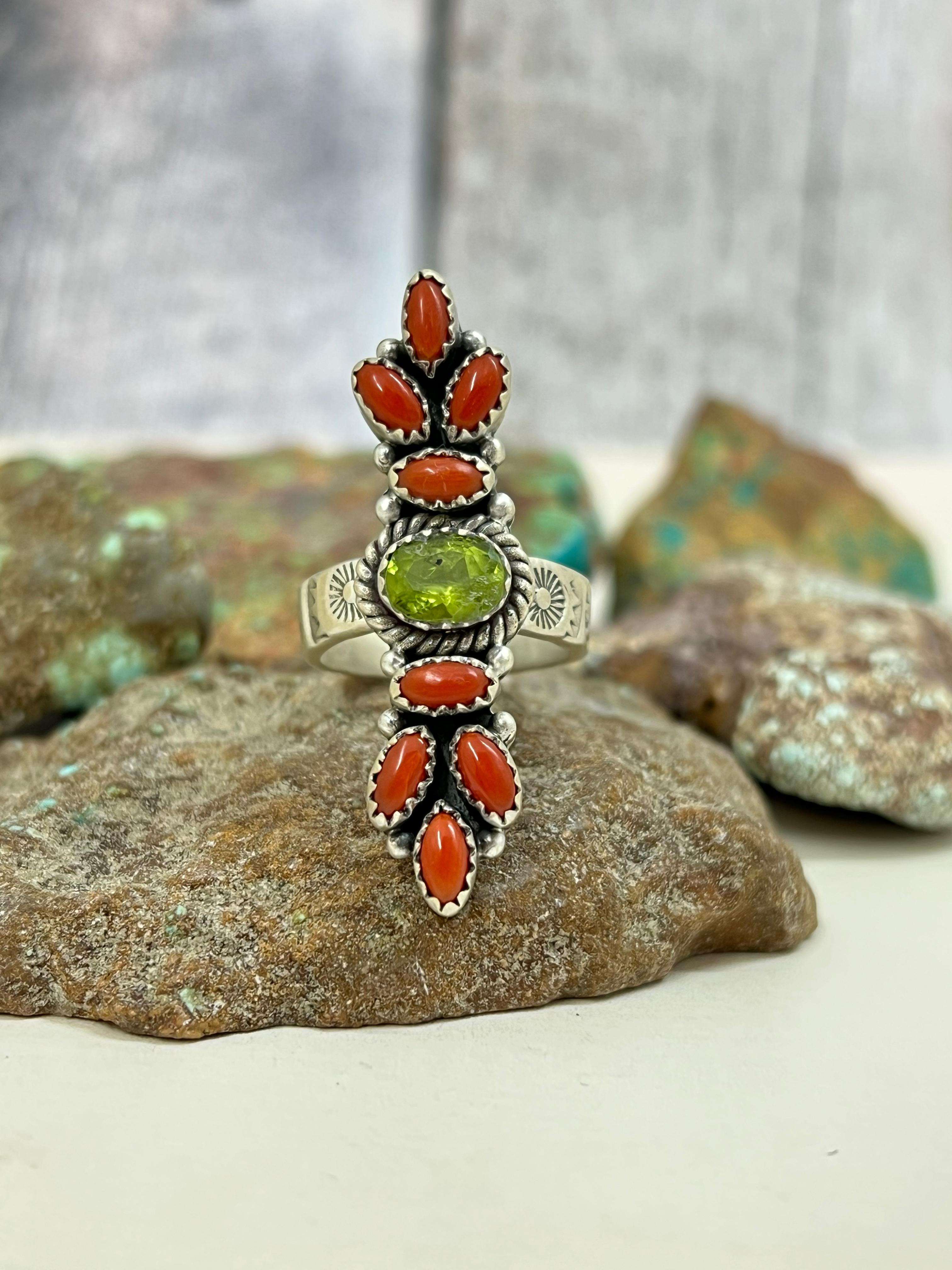 Christmas Collection Handmade Sterling Silver Coral with Peridot Adjustable Ring with Signed Nizhoni