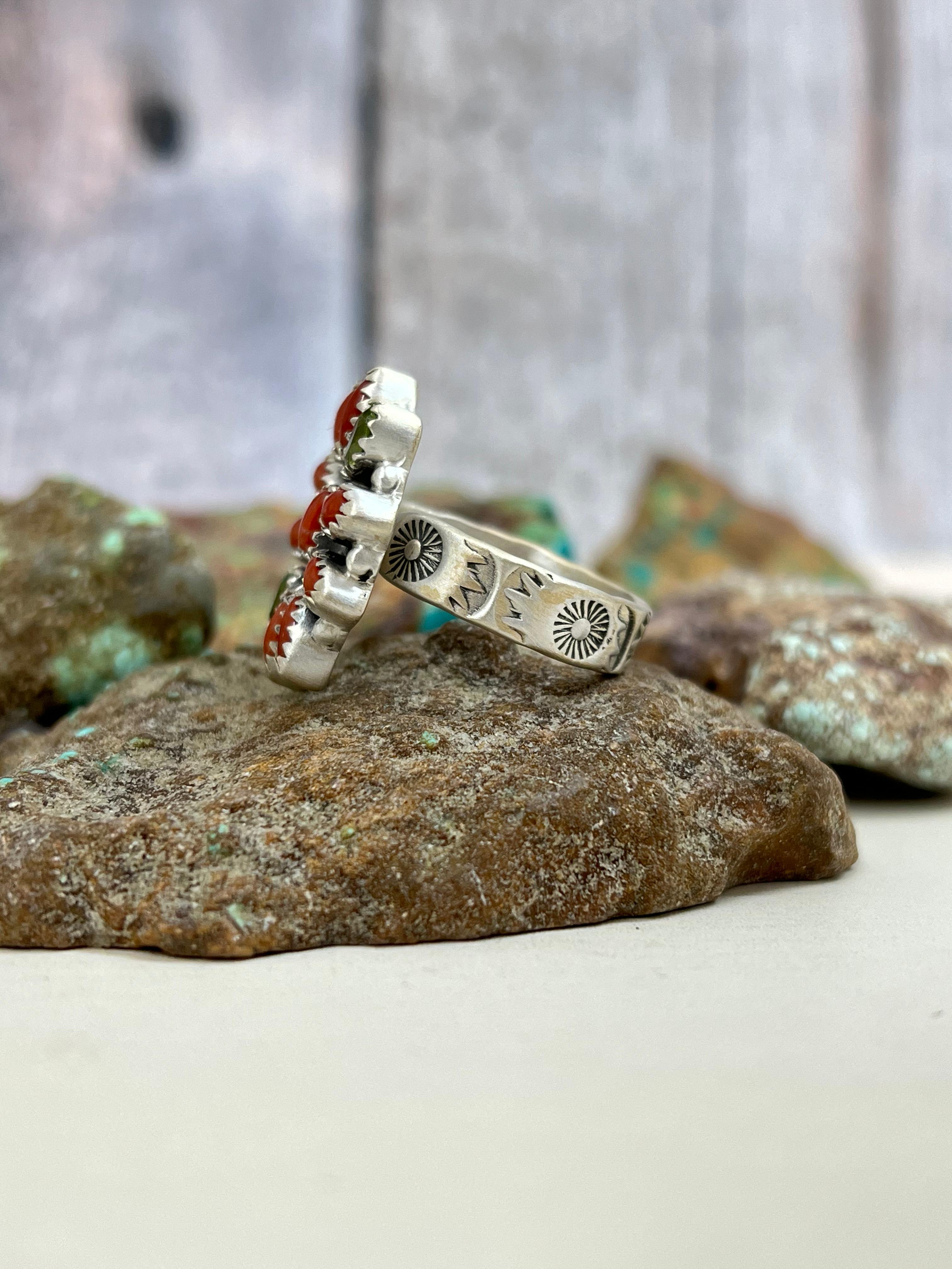 Christmas Collection Handmade Sterling Silver Coral with Peridot Adjustable Ring with Signed Nizhoni