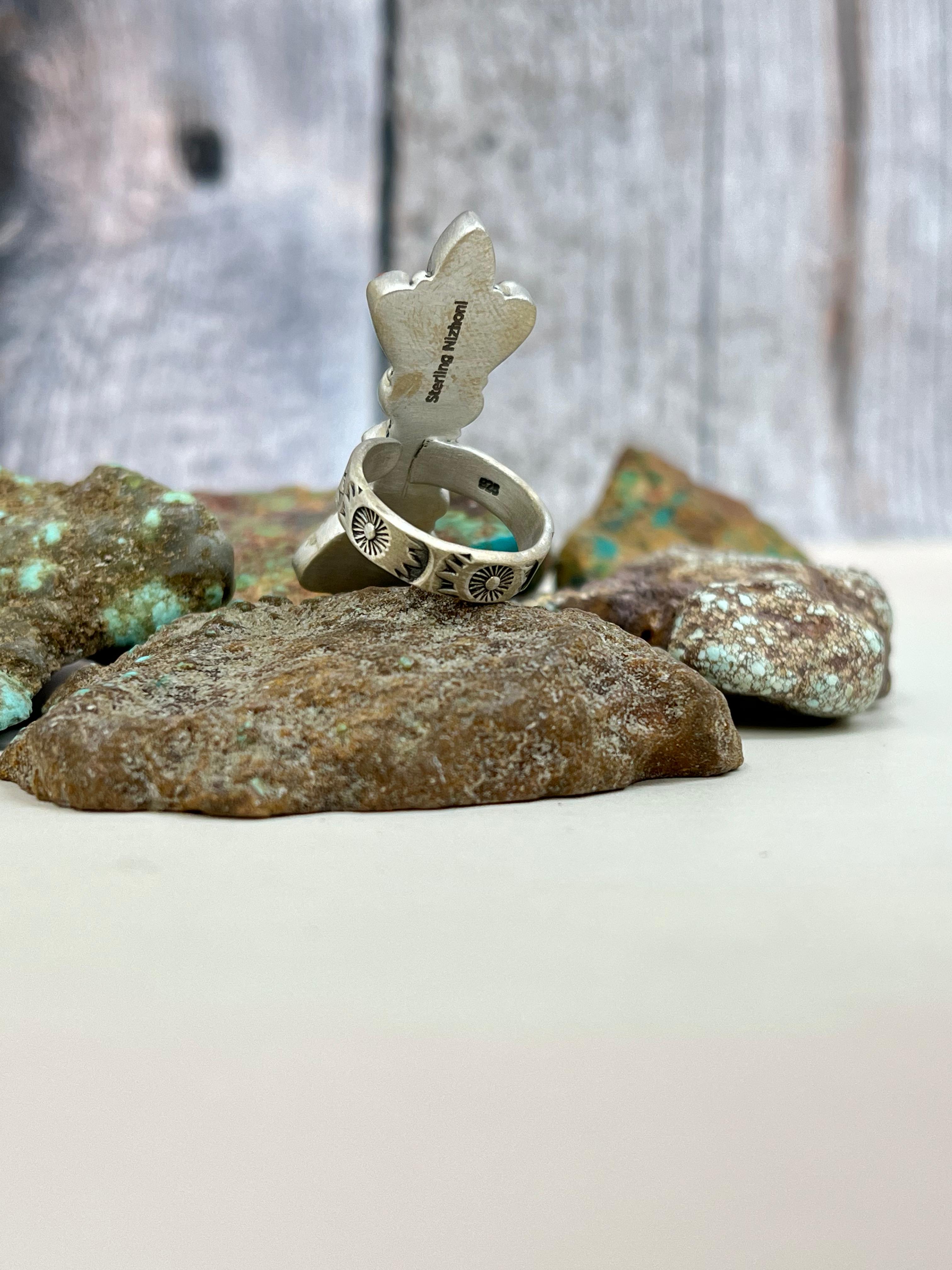 Christmas Collection Handmade Sterling Silver Coral with Peridot Adjustable Ring with Signed Nizhoni