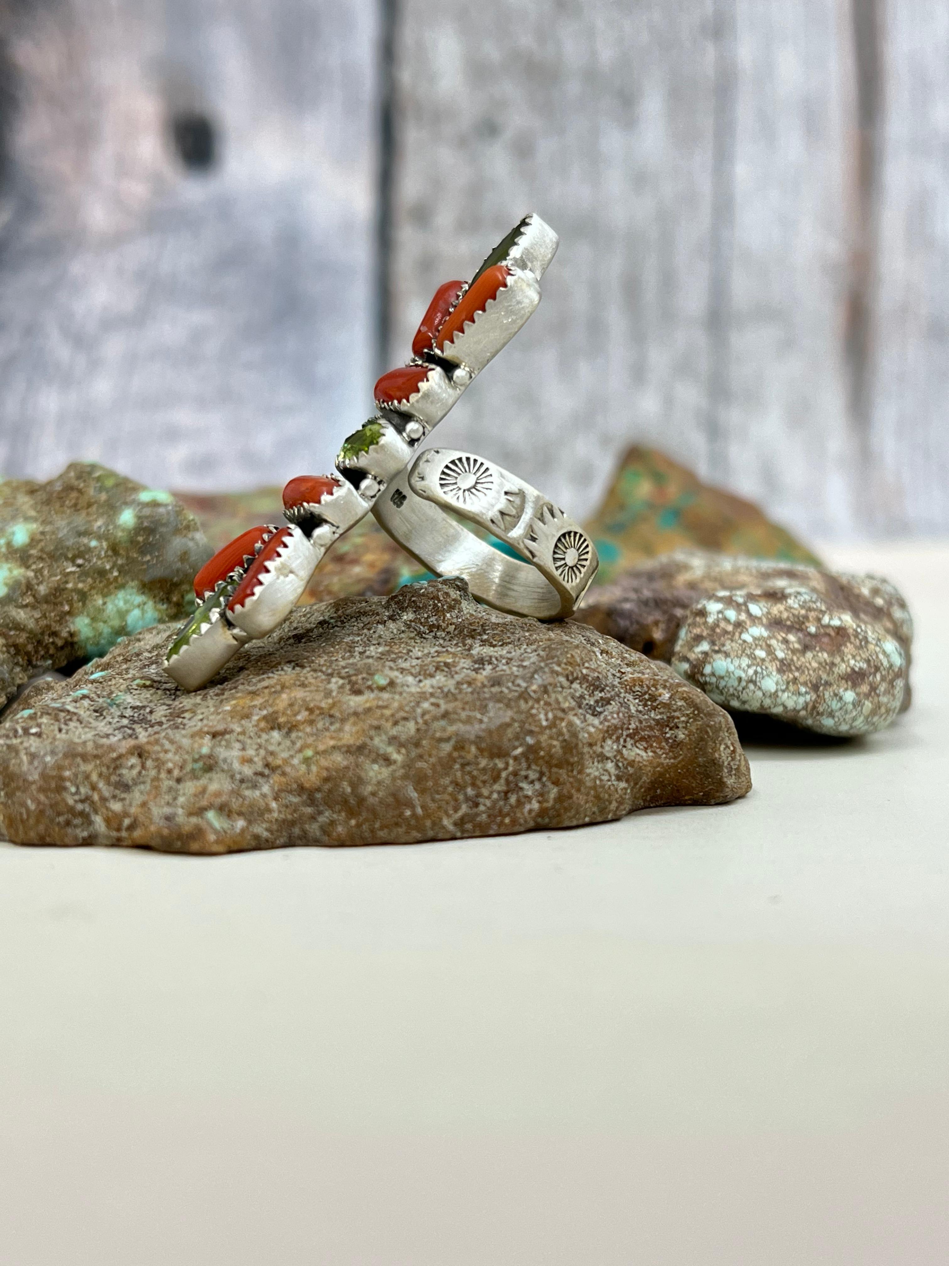 Christmas Collection Handmade Sterling Silver Coral with Peridot Adjustable Ring with Signed Nizhoni