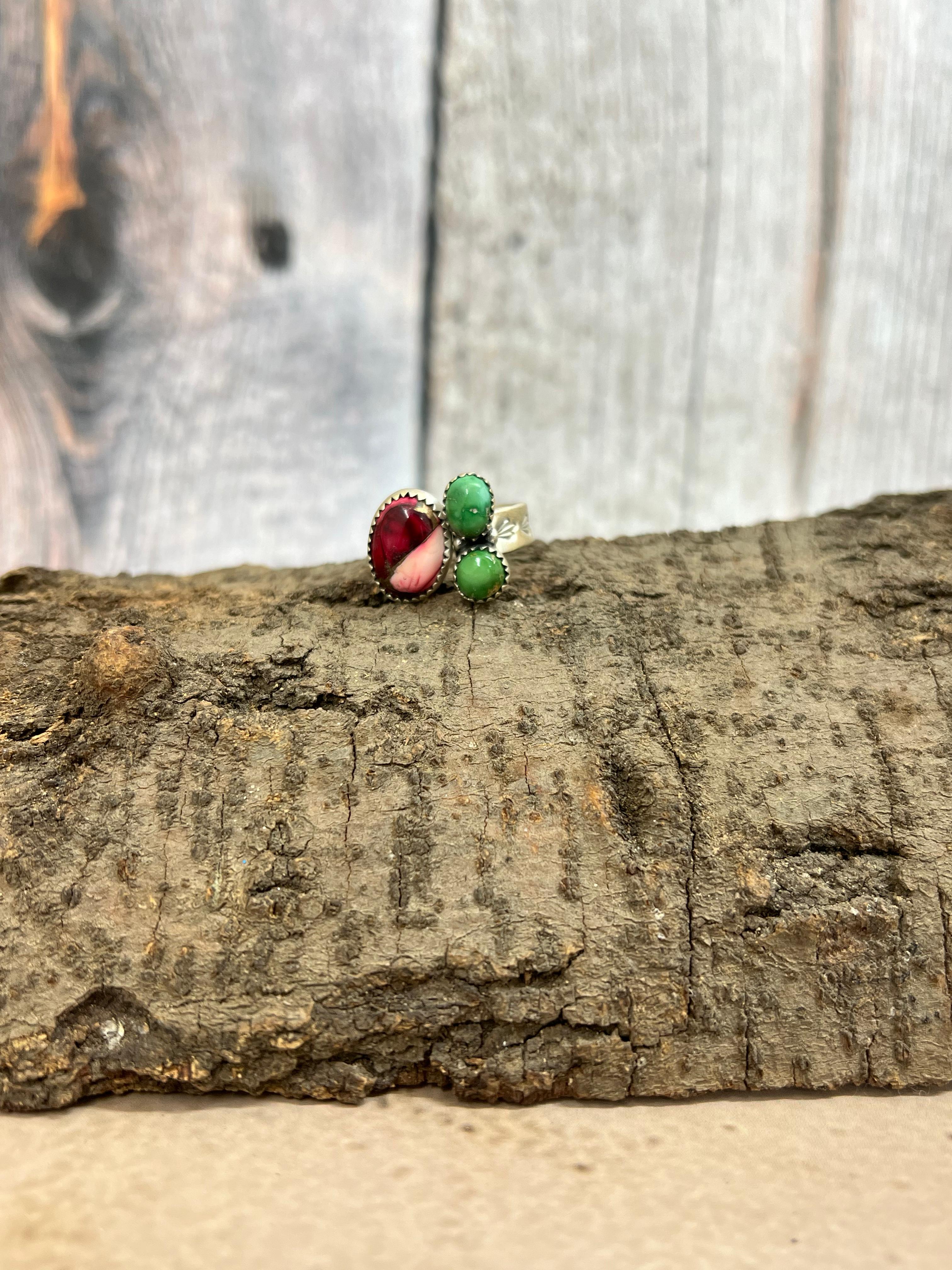 Handmade Sterling Silver Dahlia Rose with Emerald Velley Adjustable Rings with Signed Nizhoni