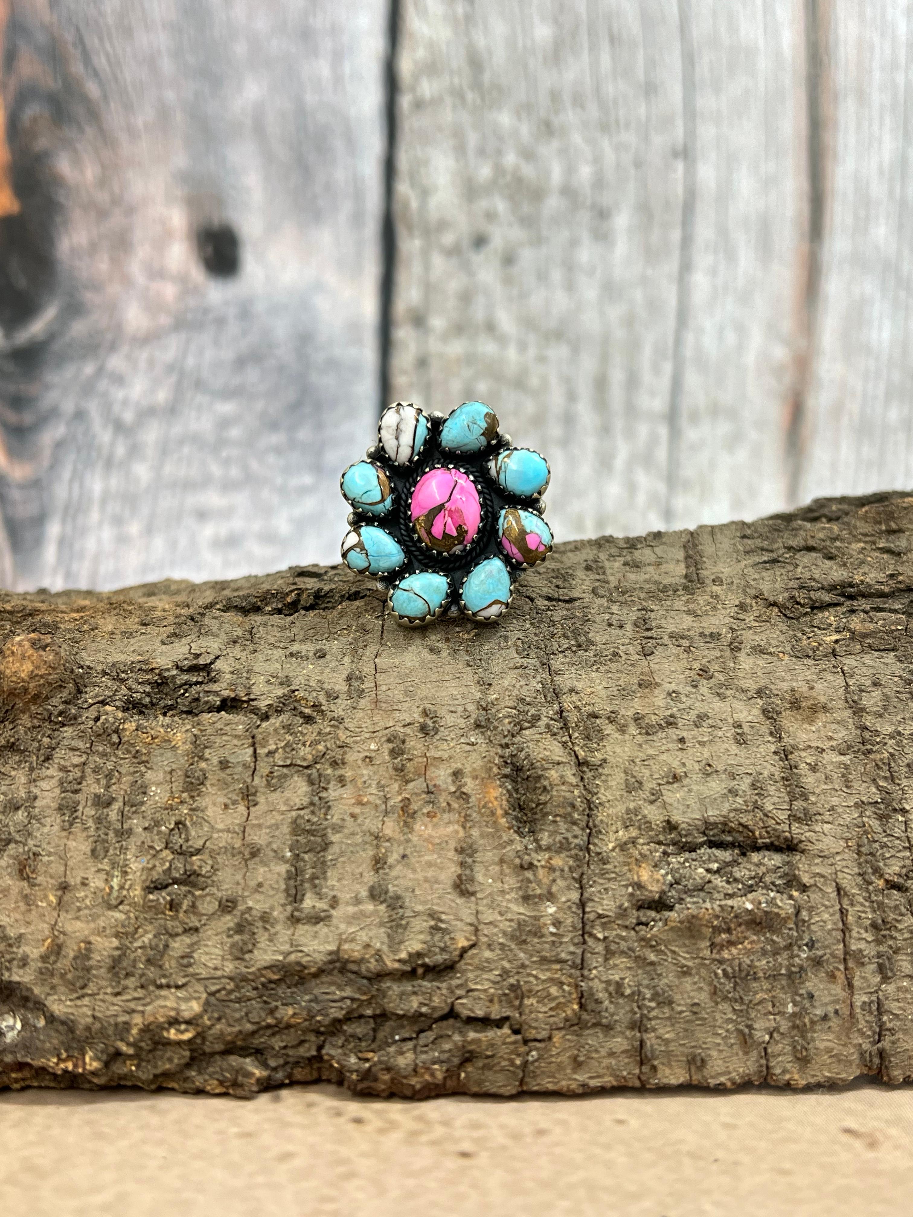 Handmade Sterling Silver Cotton Candy Turquoise Adjustable Rings with Signed Nizhoni