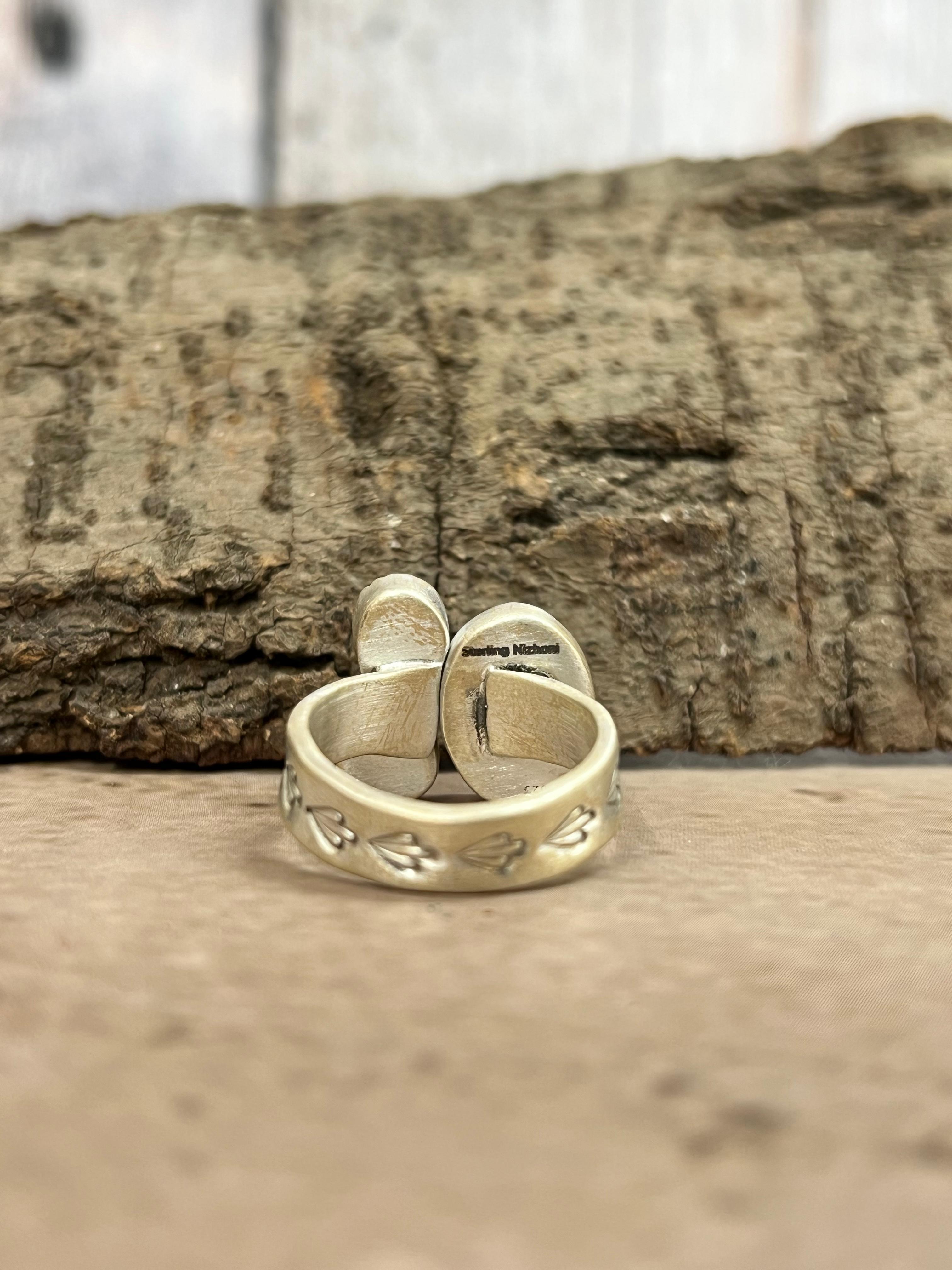 Handmade Sterling Silver Dahlia Rose with Emerald Velley Adjustable Rings with Signed Nizhoni