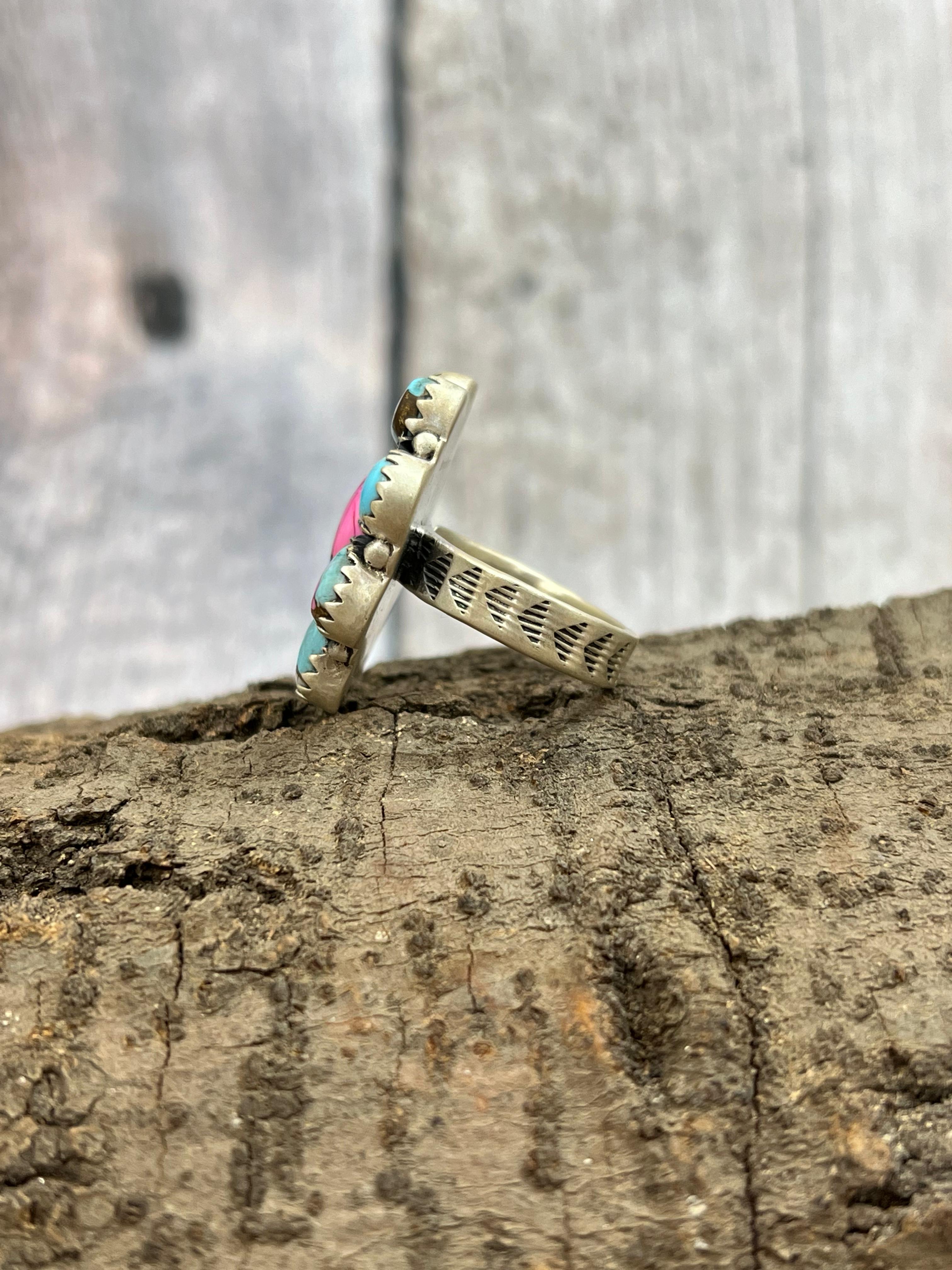 Handmade Sterling Silver Cotton Candy Turquoise Adjustable Rings with Signed Nizhoni