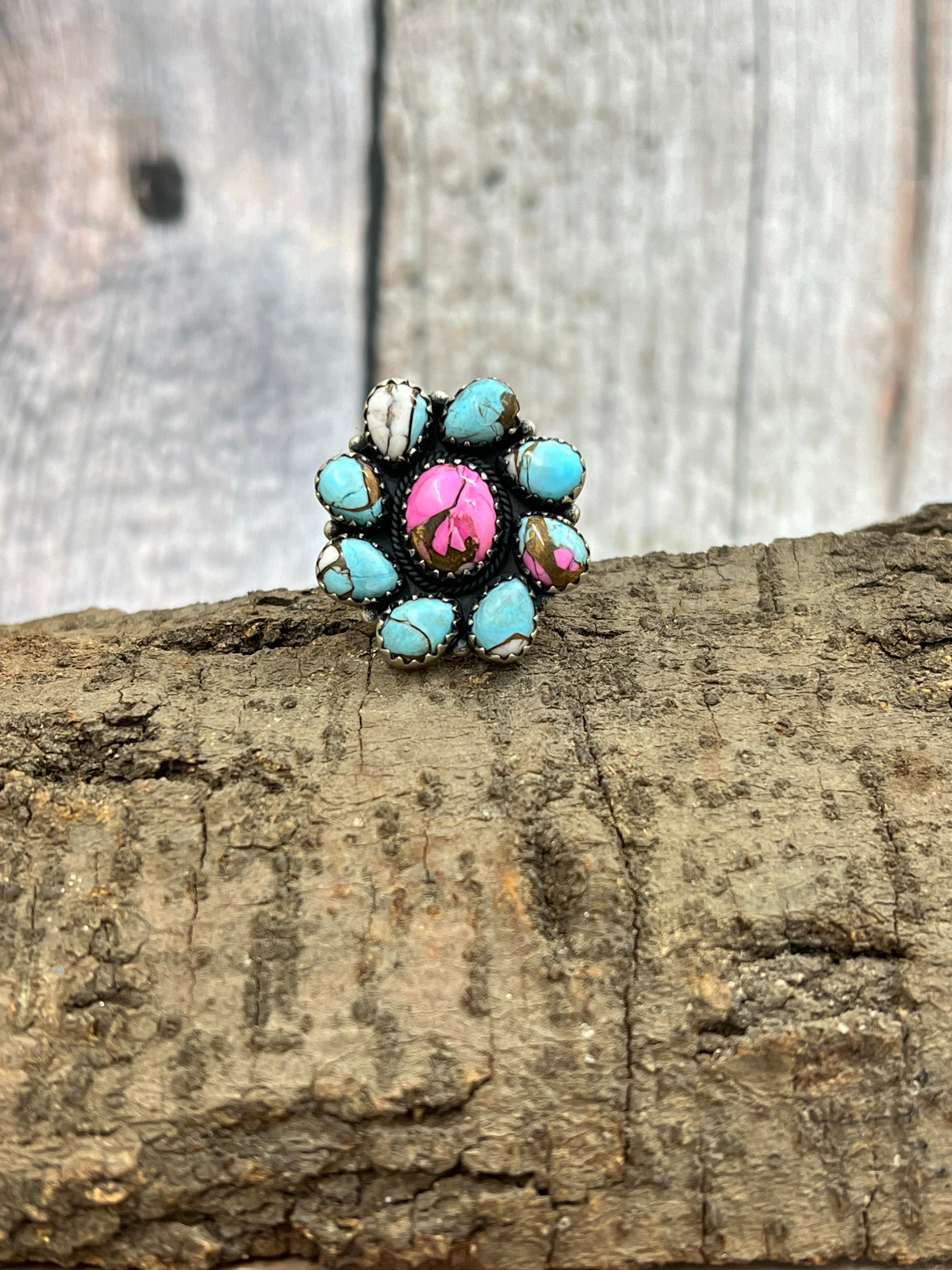 Handmade Sterling Silver Cotton Candy Turquoise Adjustable Rings with Signed Nizhoni