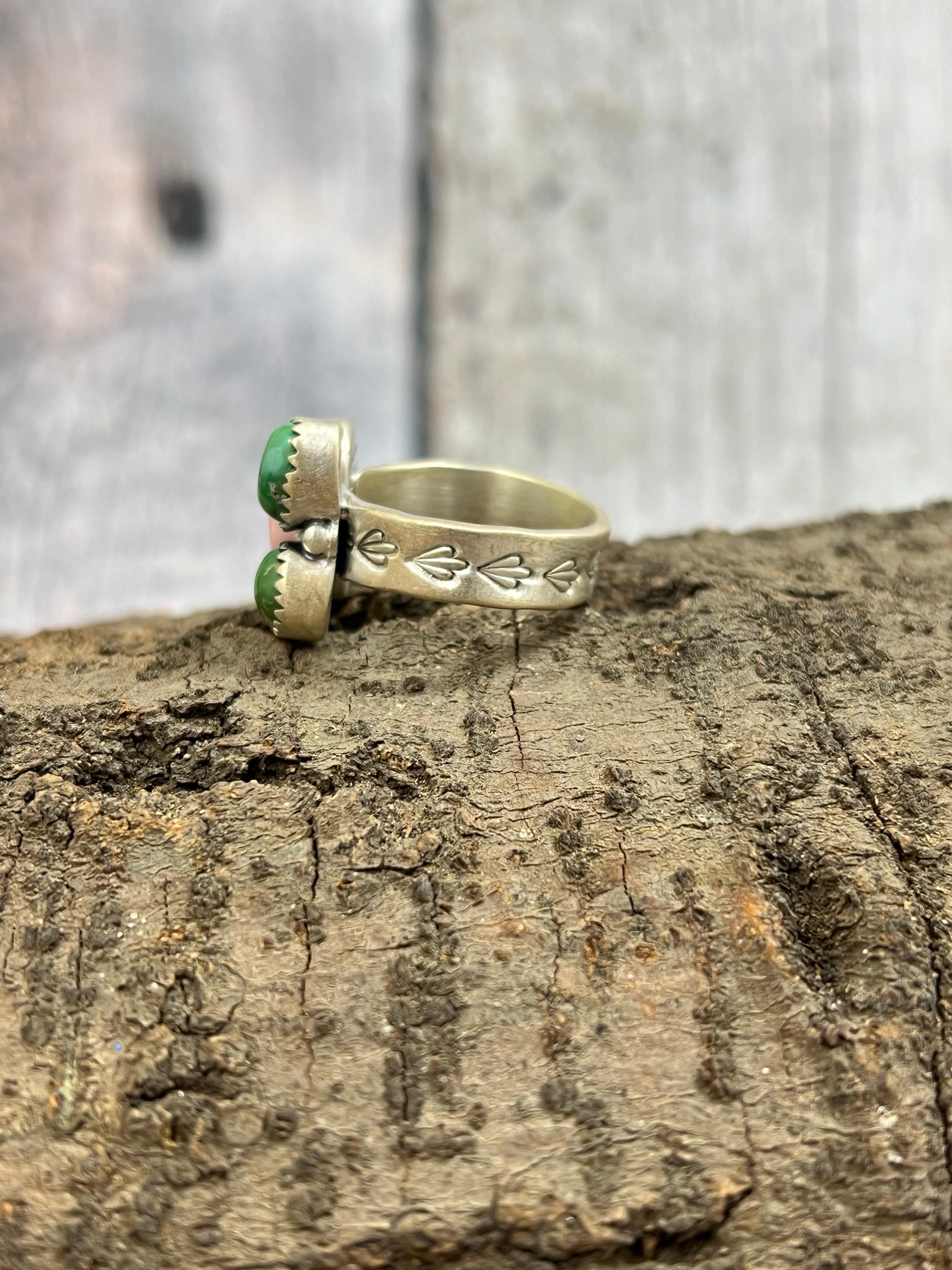 Handmade Sterling Silver Dahlia Rose with Emerald Velley Adjustable Rings with Signed Nizhoni