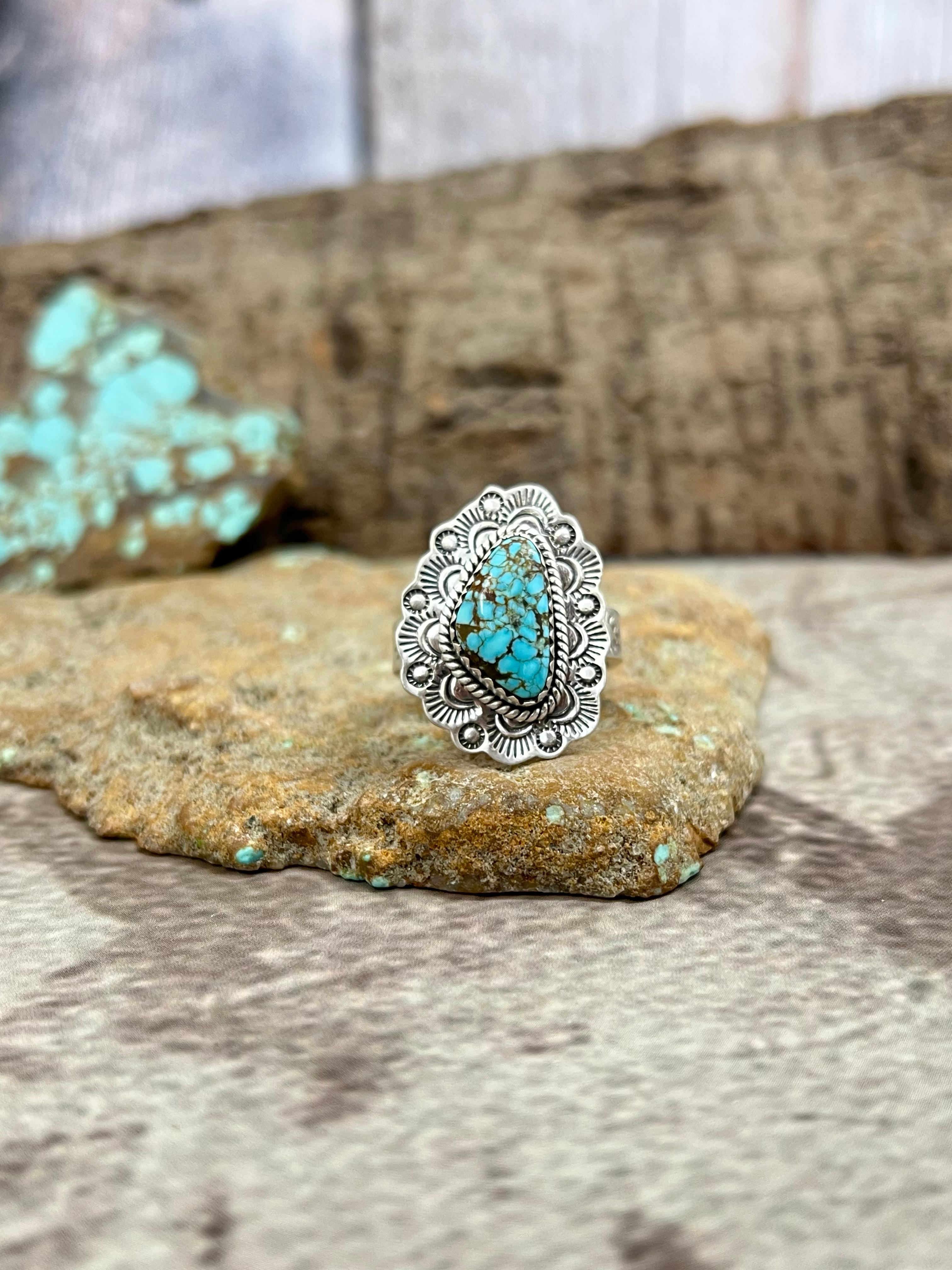 Handmade Sterling Silver Number 8 Turquoise Adjustable Ring with Signed Nizhoni