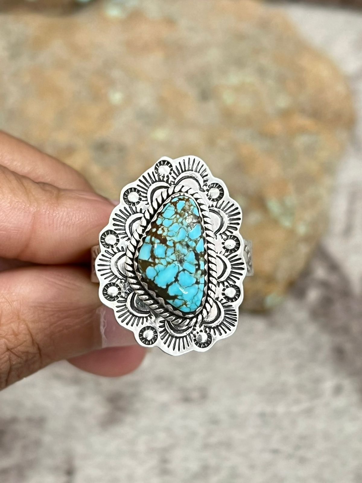 Handmade Sterling Silver Number 8 Turquoise Adjustable Ring with Signed Nizhoni