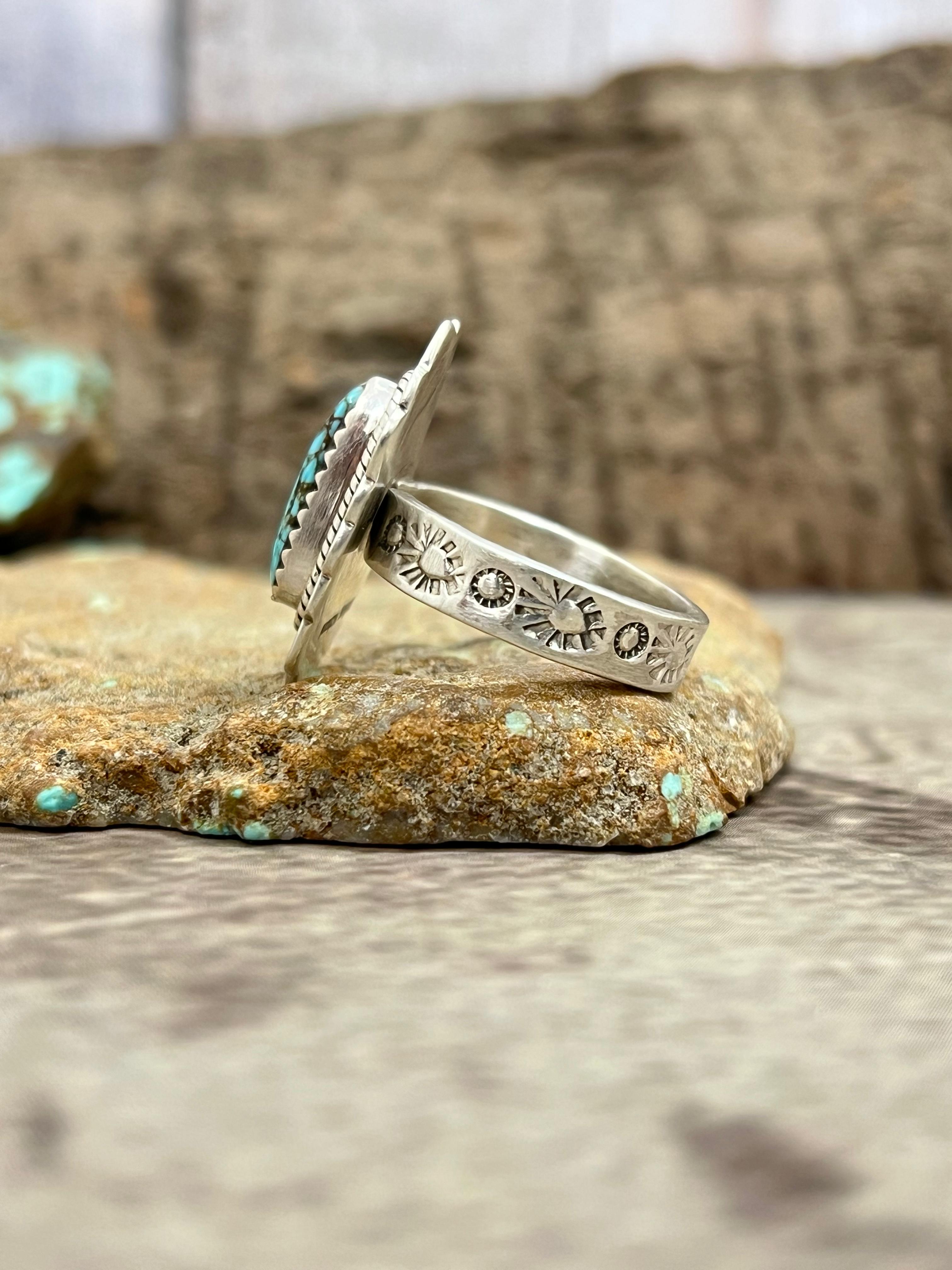 Handmade Sterling Silver Number 8 Turquoise Adjustable Ring with Signed Nizhoni