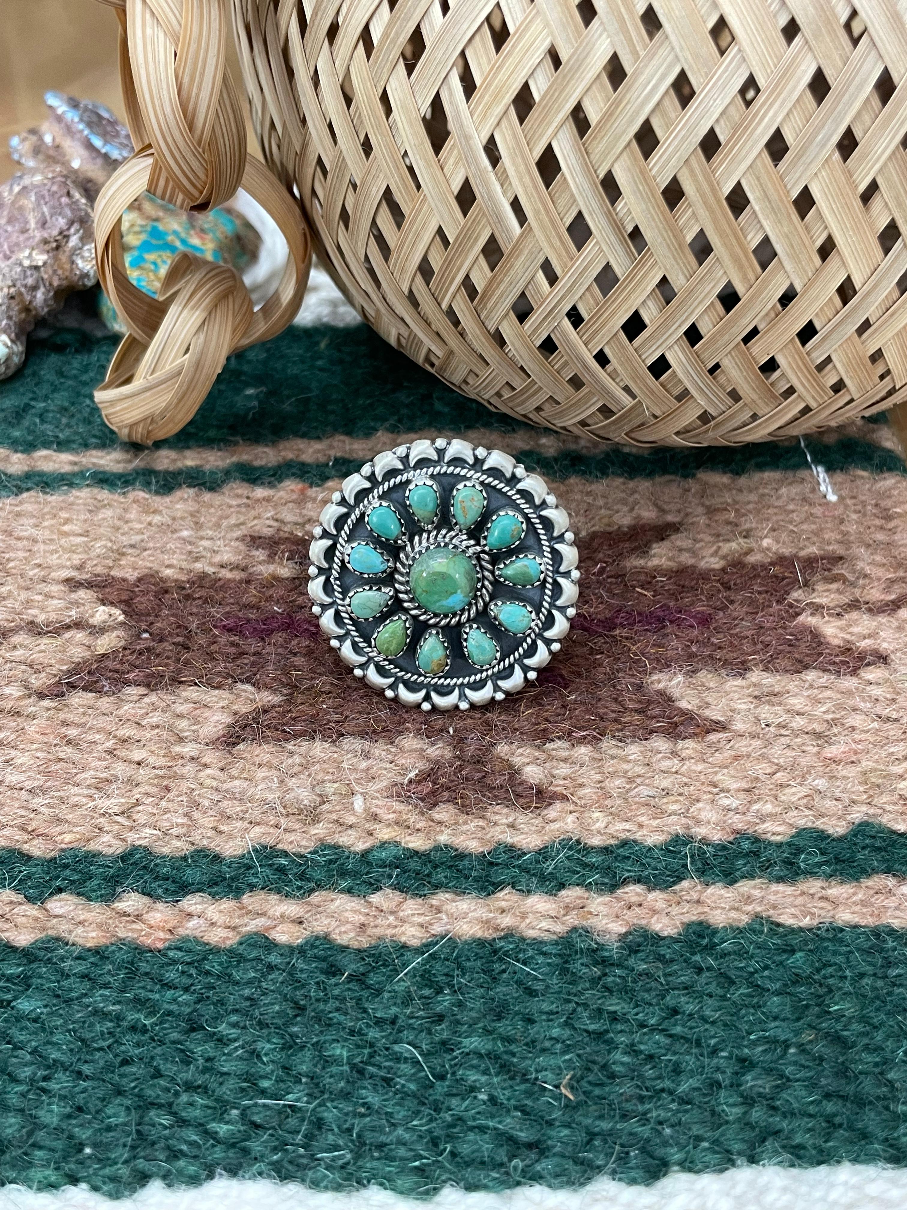 Handmade Sterling Silver Kingman Turquoise Adjustable Rings with Signed Nizhoni