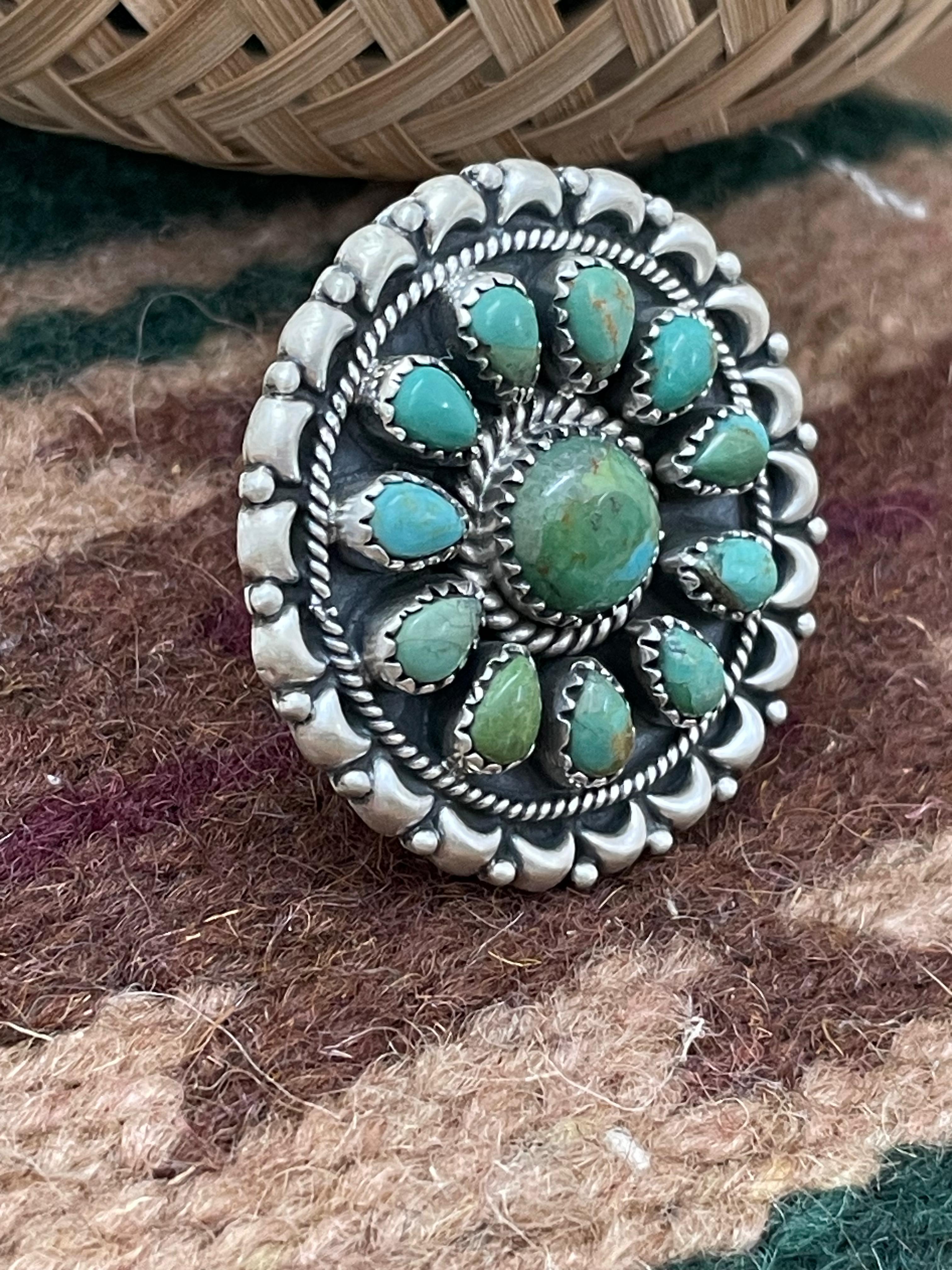 Handmade Sterling Silver Kingman Turquoise Adjustable Rings with Signed Nizhoni