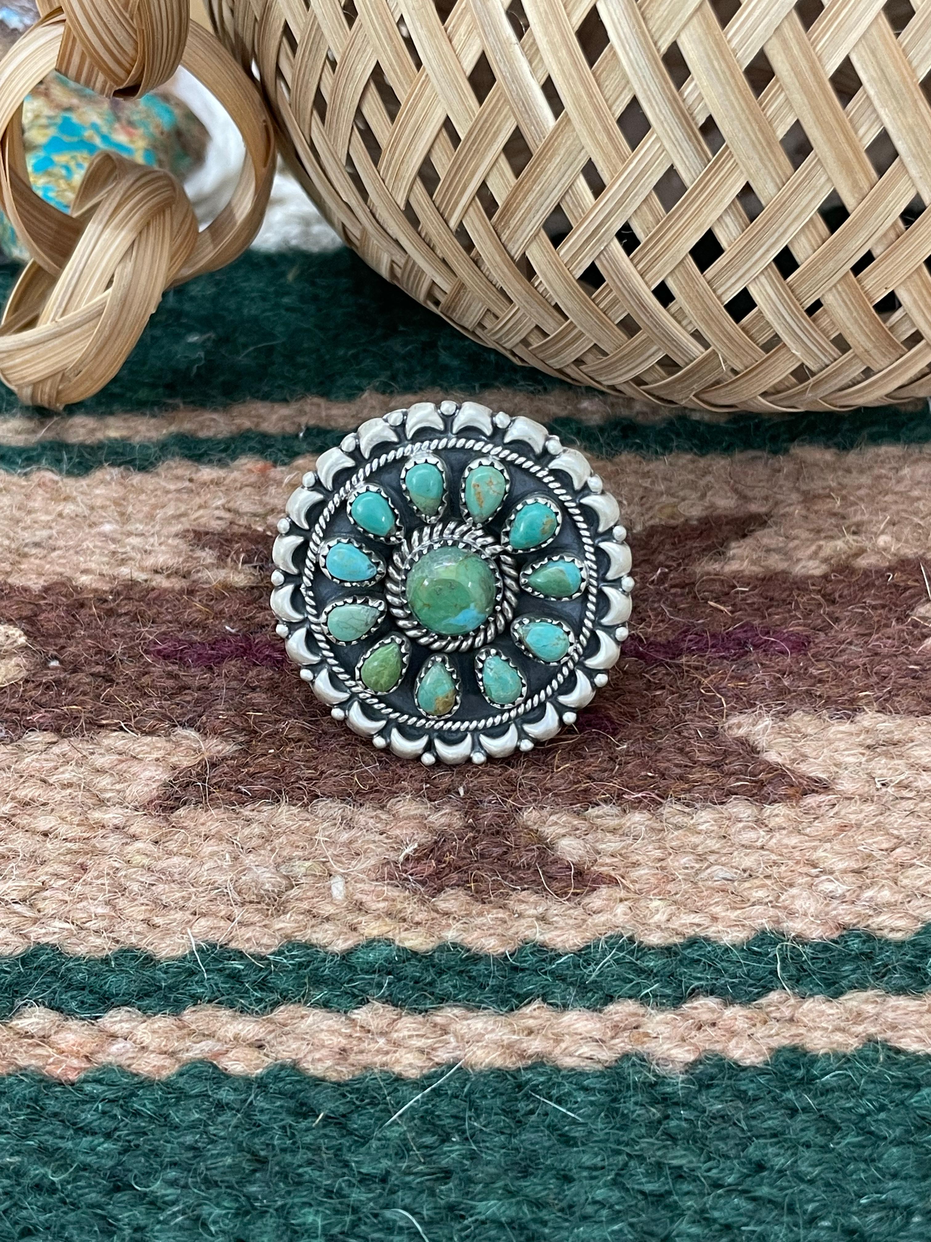 Handmade Sterling Silver Kingman Turquoise Adjustable Rings with Signed Nizhoni