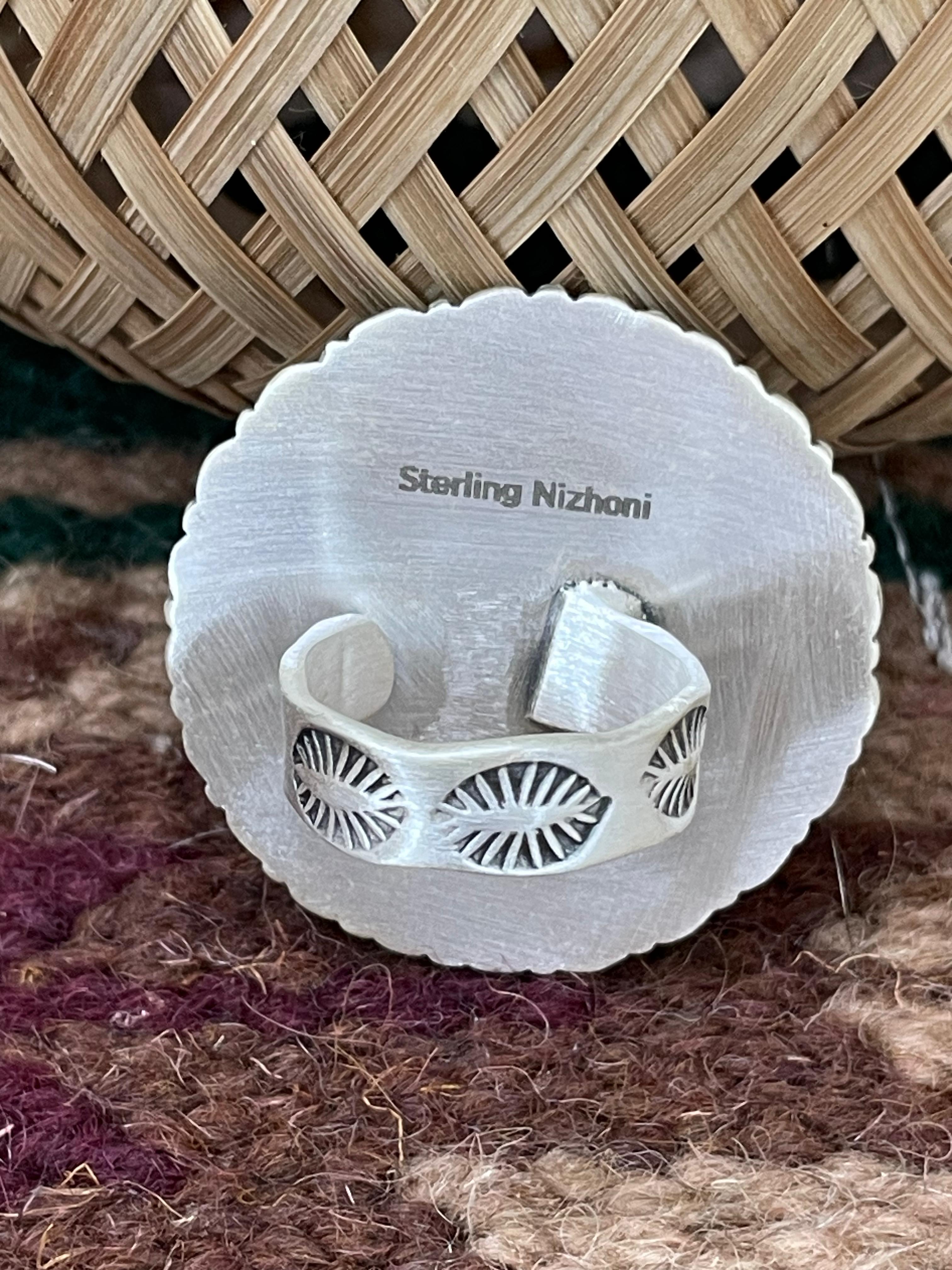 Handmade Sterling Silver Kingman Turquoise Adjustable Rings with Signed Nizhoni