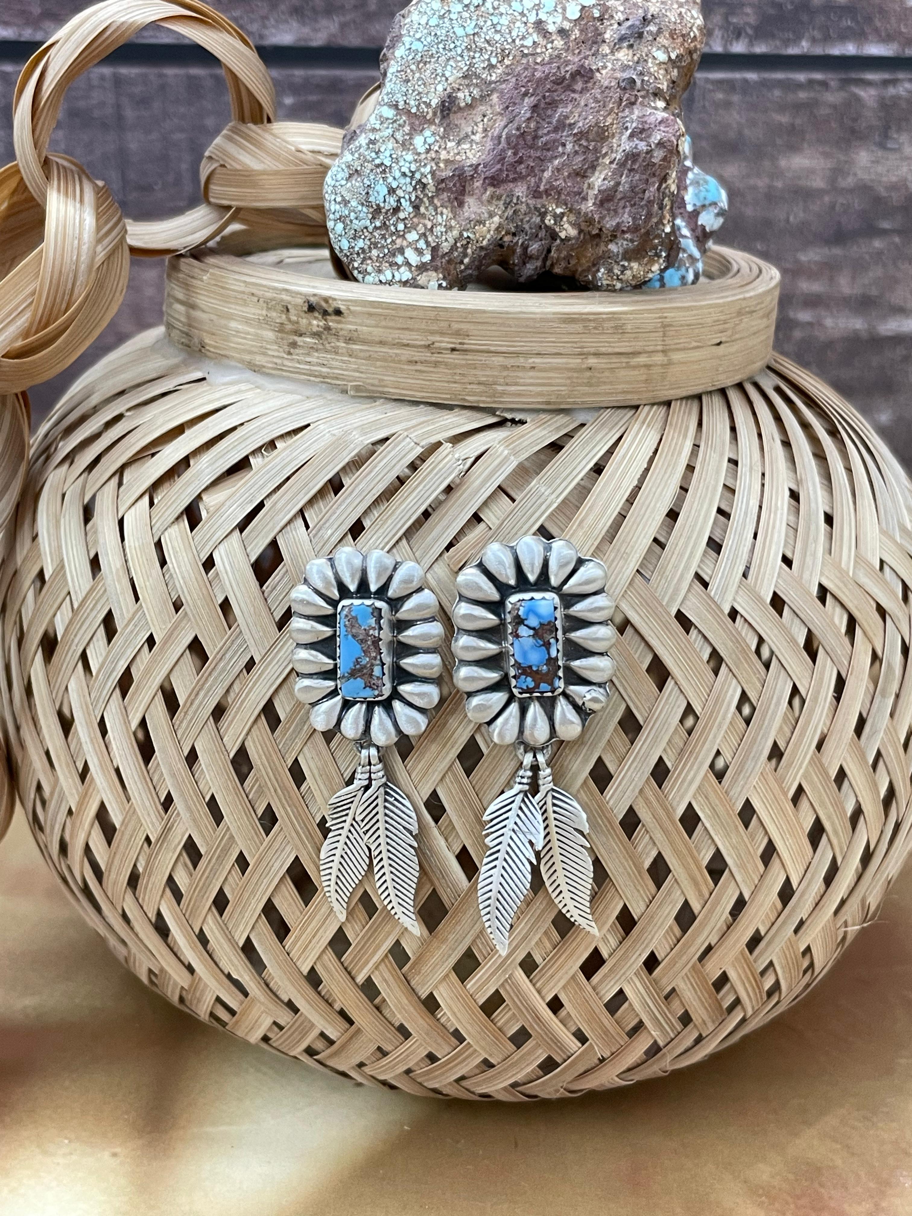 Handmade Sterling Silver Golden Hills Turquoise Post Dangle Earrings with Signed Nizhoni