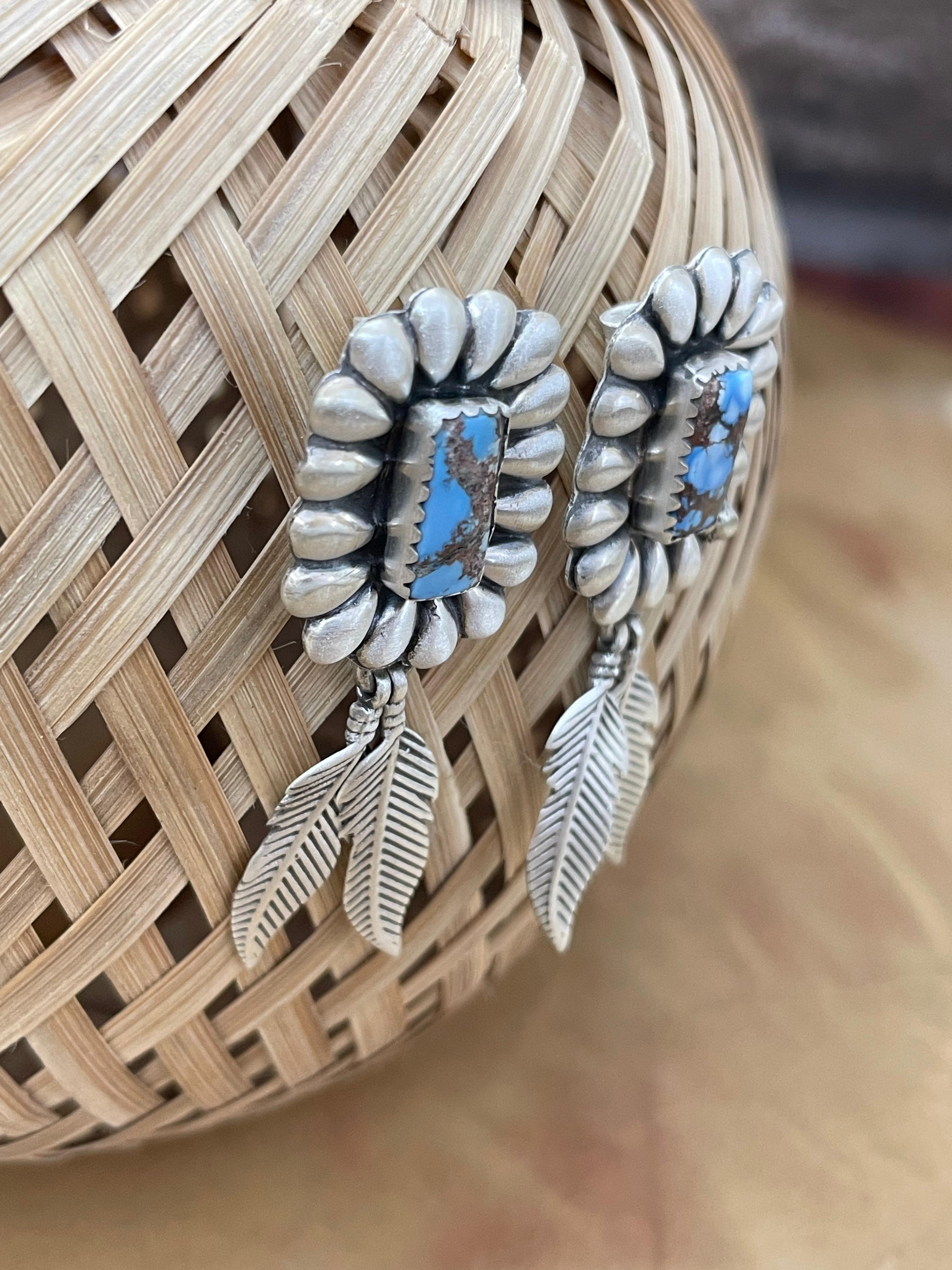 Handmade Sterling Silver Golden Hills Turquoise Post Dangle Earrings with Signed Nizhoni