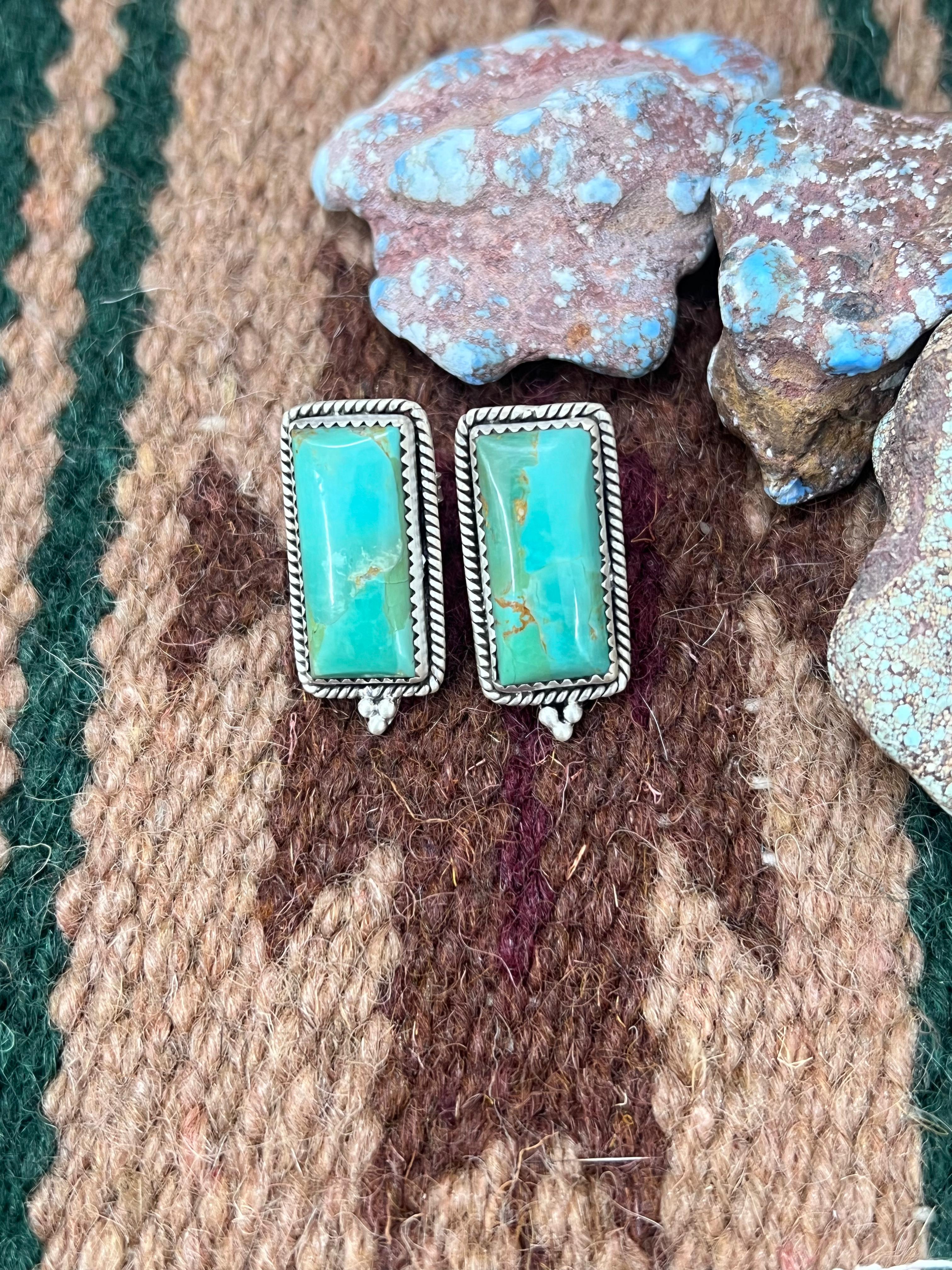 Handmade Sterling Silver Kingman Turquoise Post Earrings with Signed Nizhoni (1)