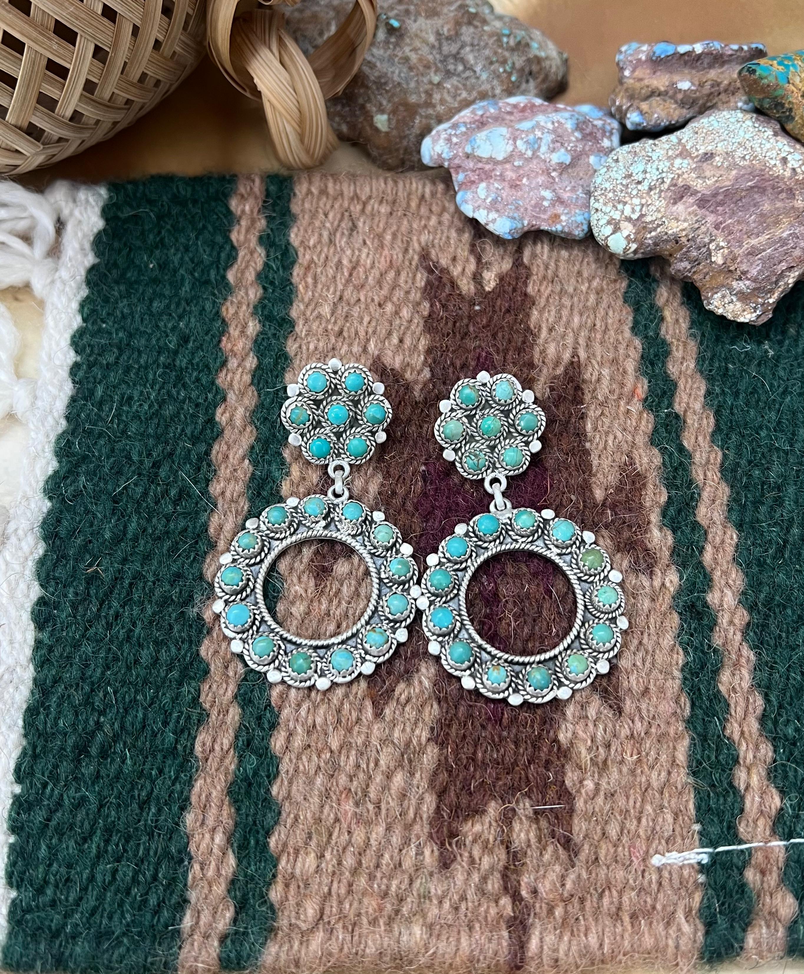 Handmade Sterling Silver Kingman Turquoise Post Dangle Earrings with Signed Nizhoni