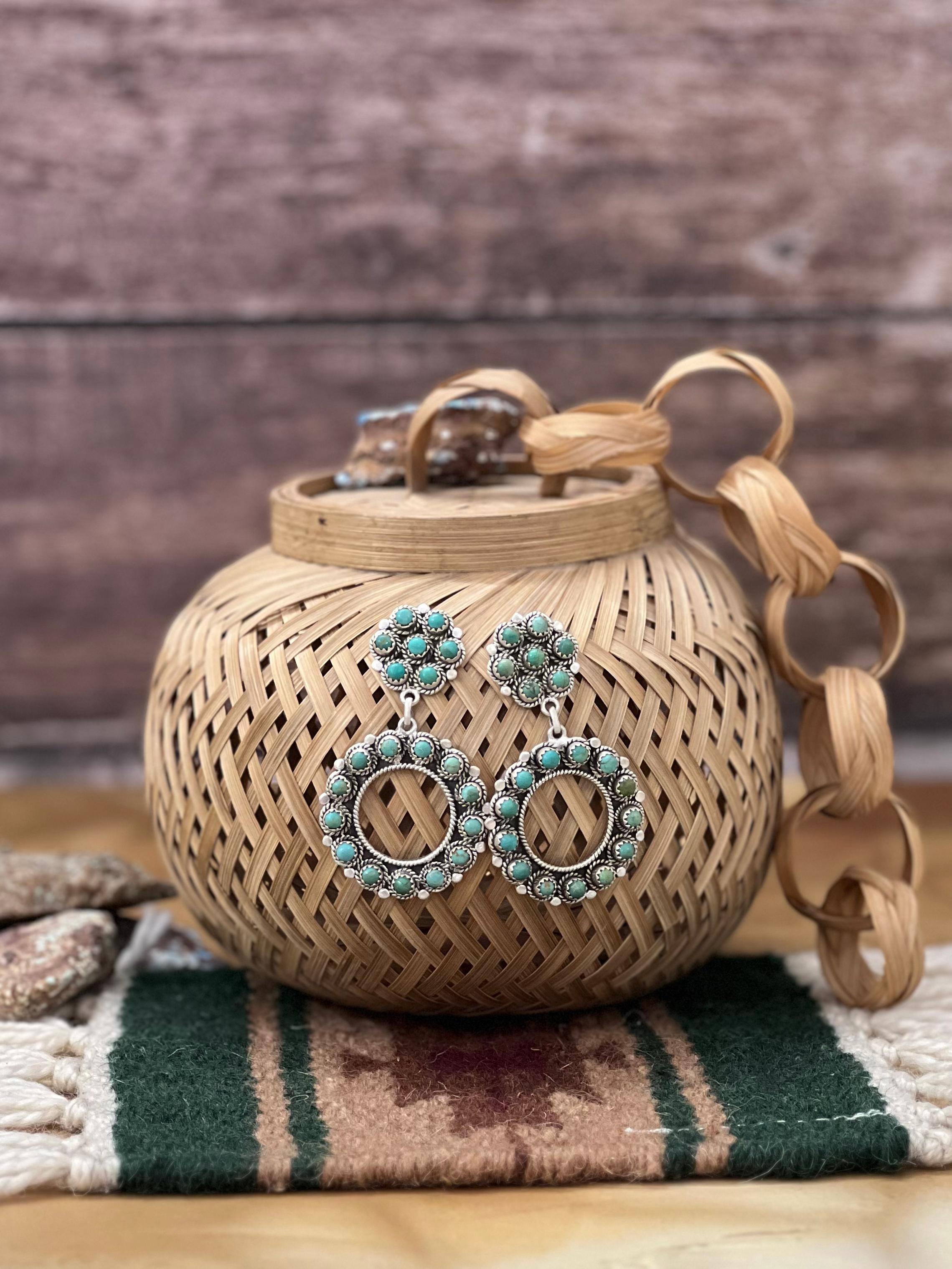 Handmade Sterling Silver Kingman Turquoise Post Dangle Earrings with Signed Nizhoni