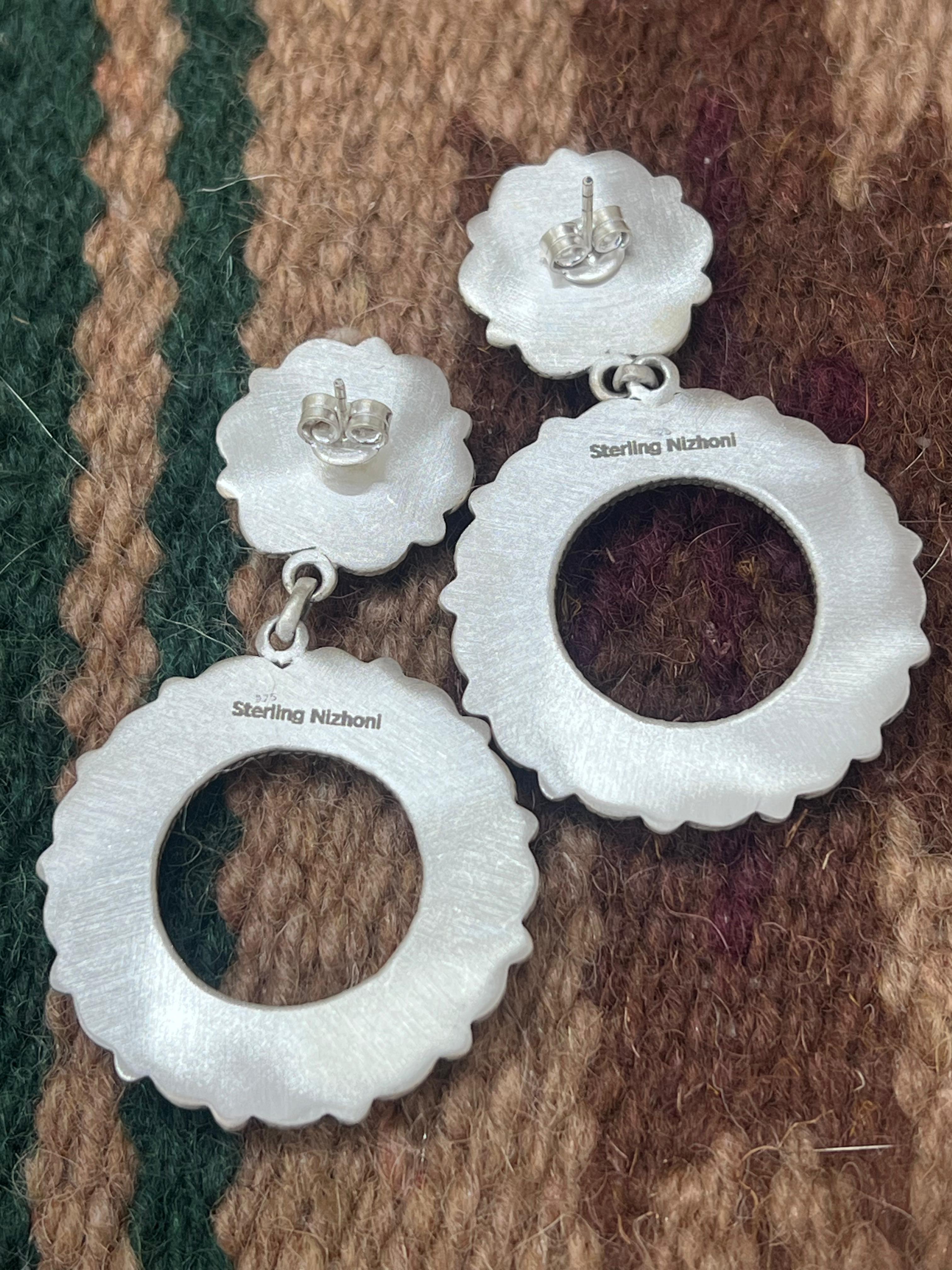 Handmade Sterling Silver Kingman Turquoise Post Dangle Earrings with Signed Nizhoni