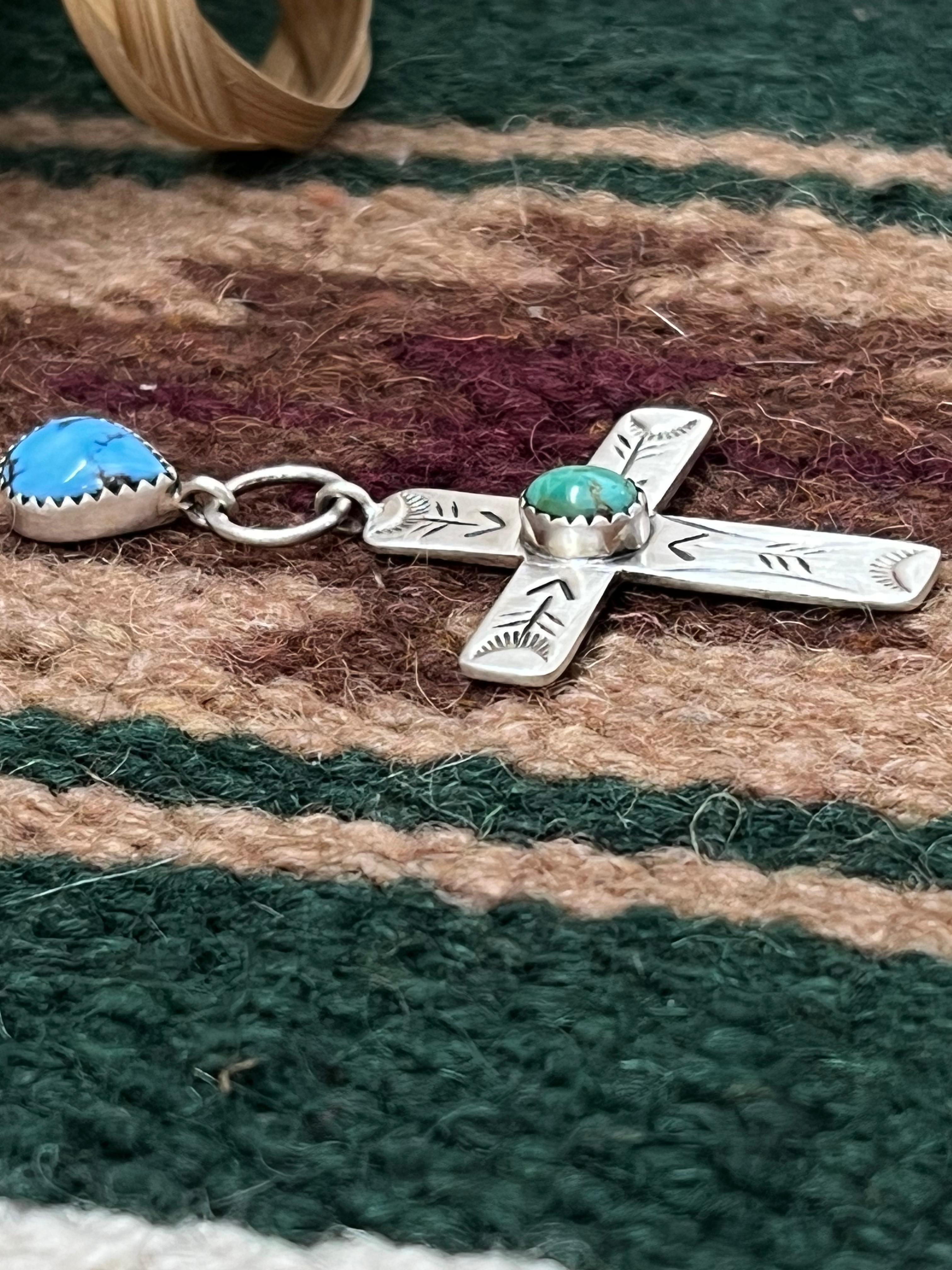 Handmade Sterling Silver Golden Hills Turquoise with Kingman Turquoise Pendant with Signed Nizhoni