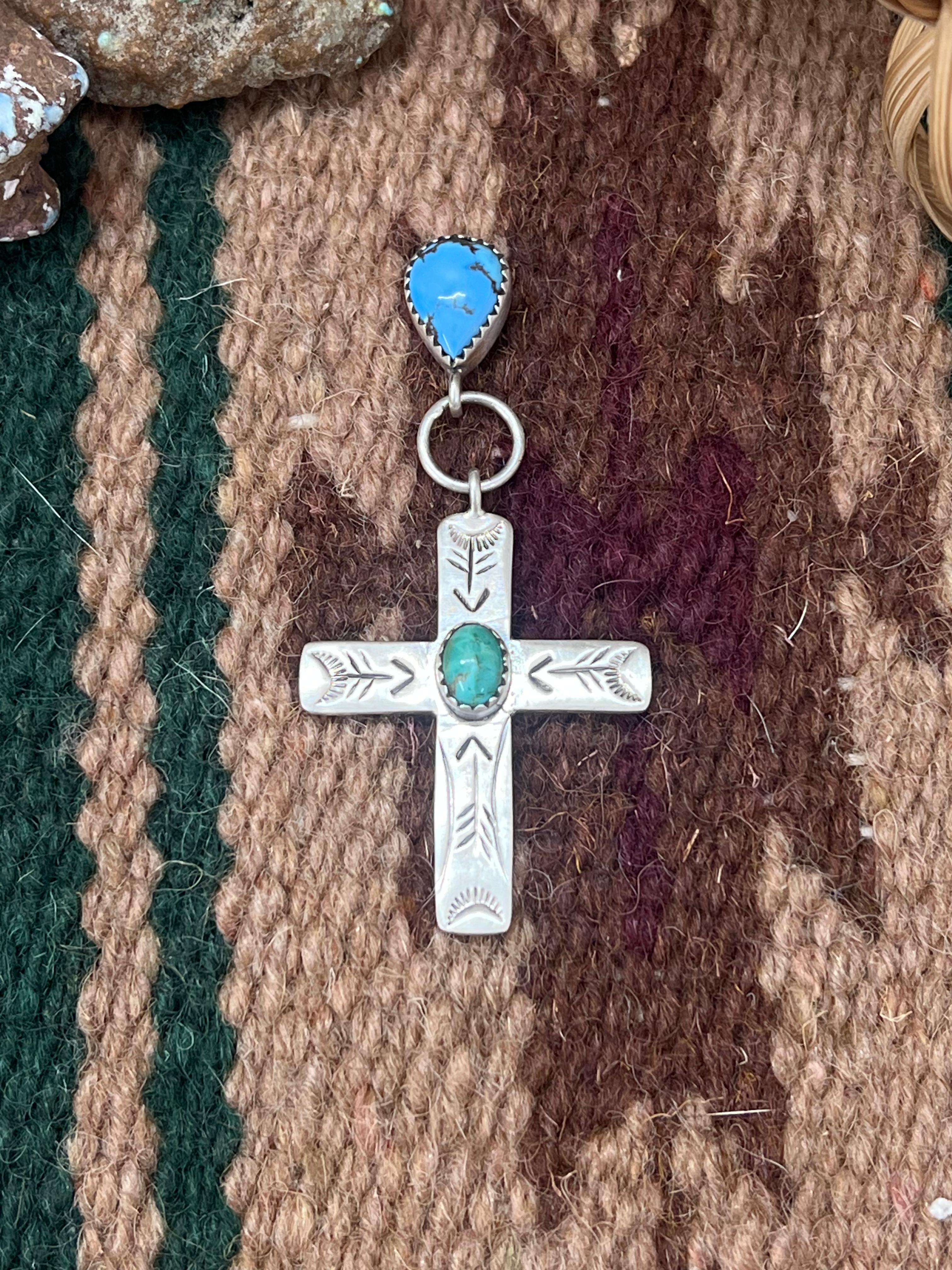 Handmade Sterling Silver Golden Hills Turquoise with Kingman Turquoise Pendant with Signed Nizhoni