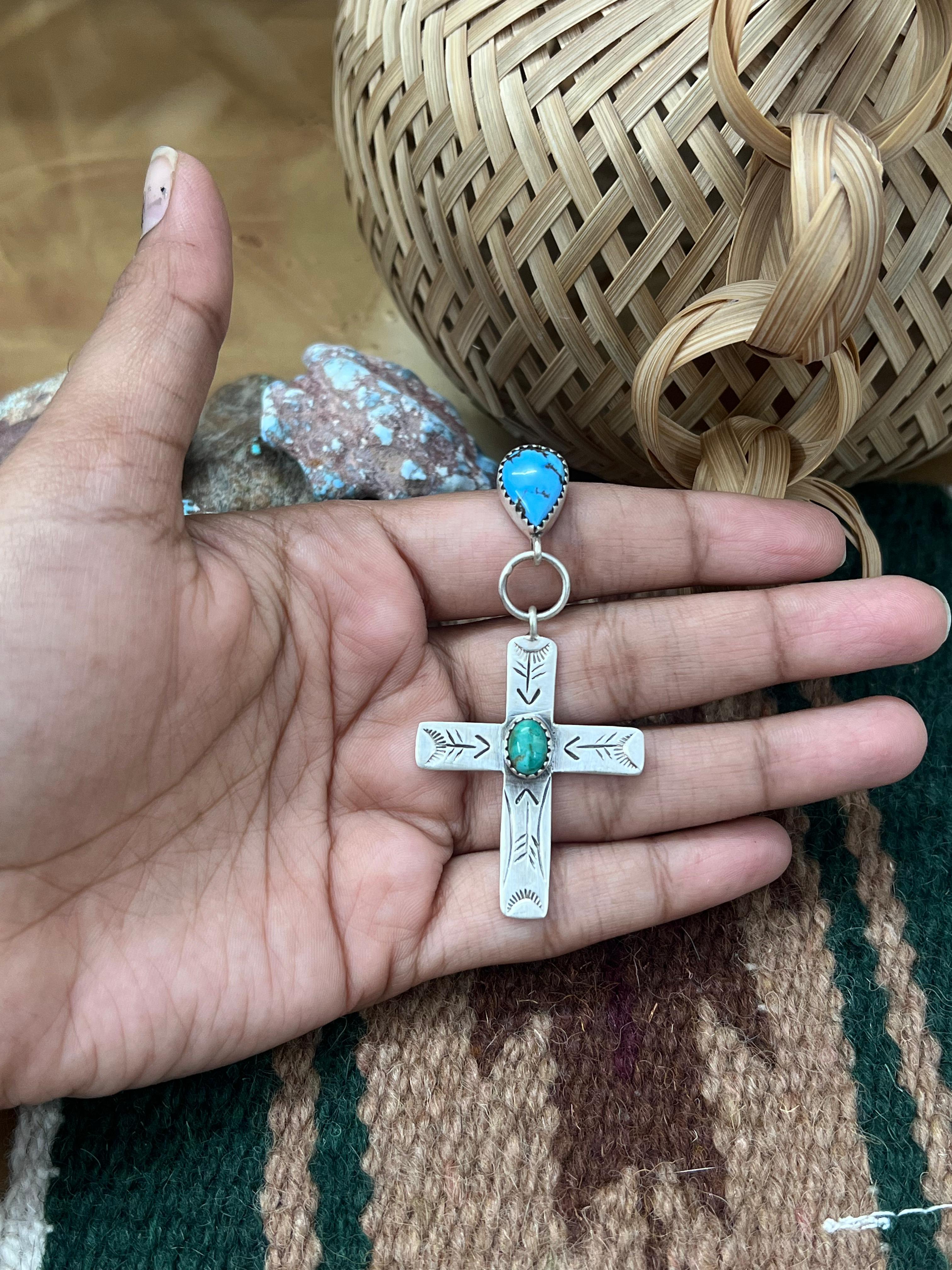 Handmade Sterling Silver Golden Hills Turquoise with Kingman Turquoise Pendant with Signed Nizhoni