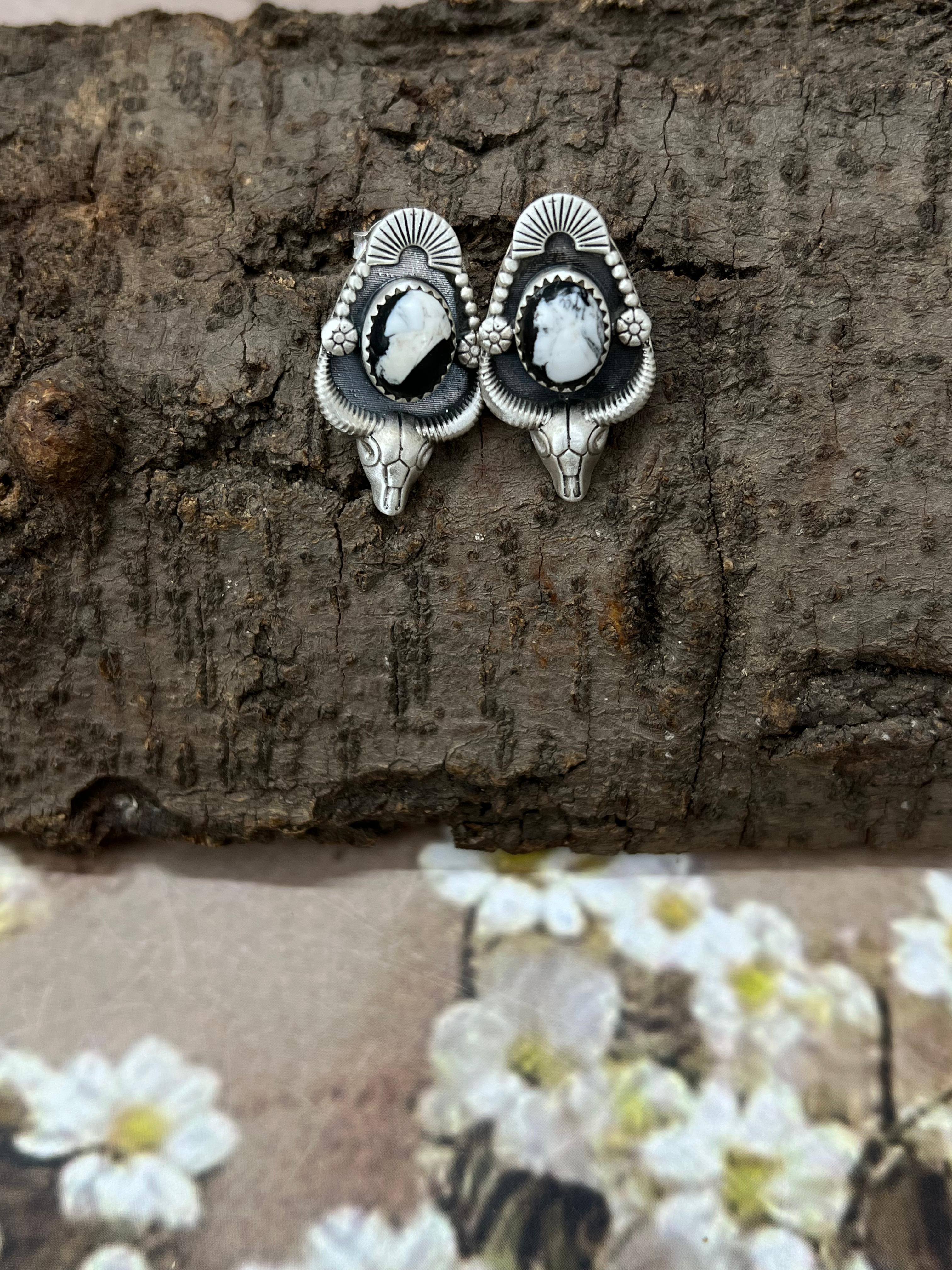 Handmade Sterling Silver White Buffalo Post Earrings with Signed Nizhoni