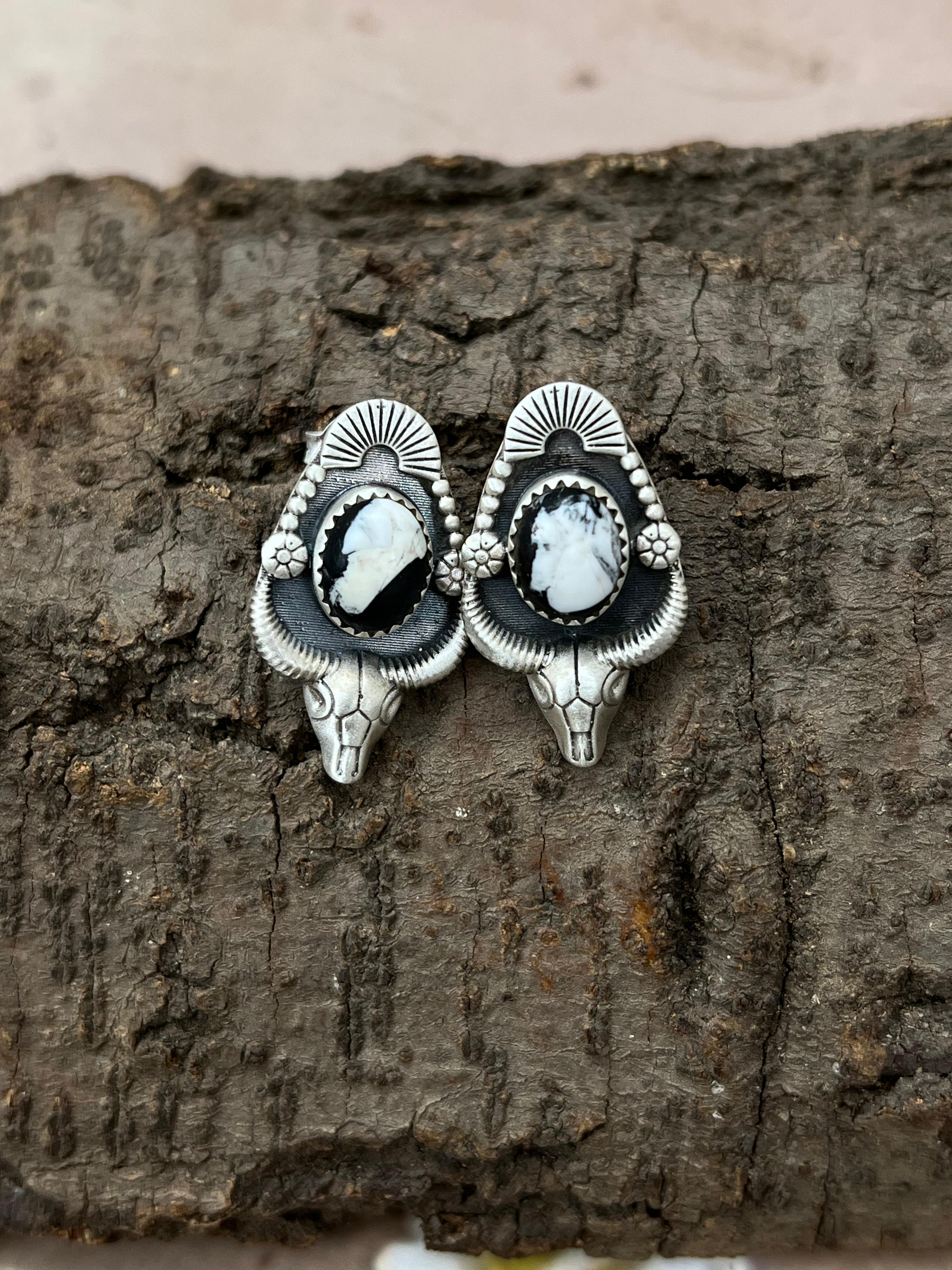 Handmade Sterling Silver White Buffalo Post Earrings with Signed Nizhoni
