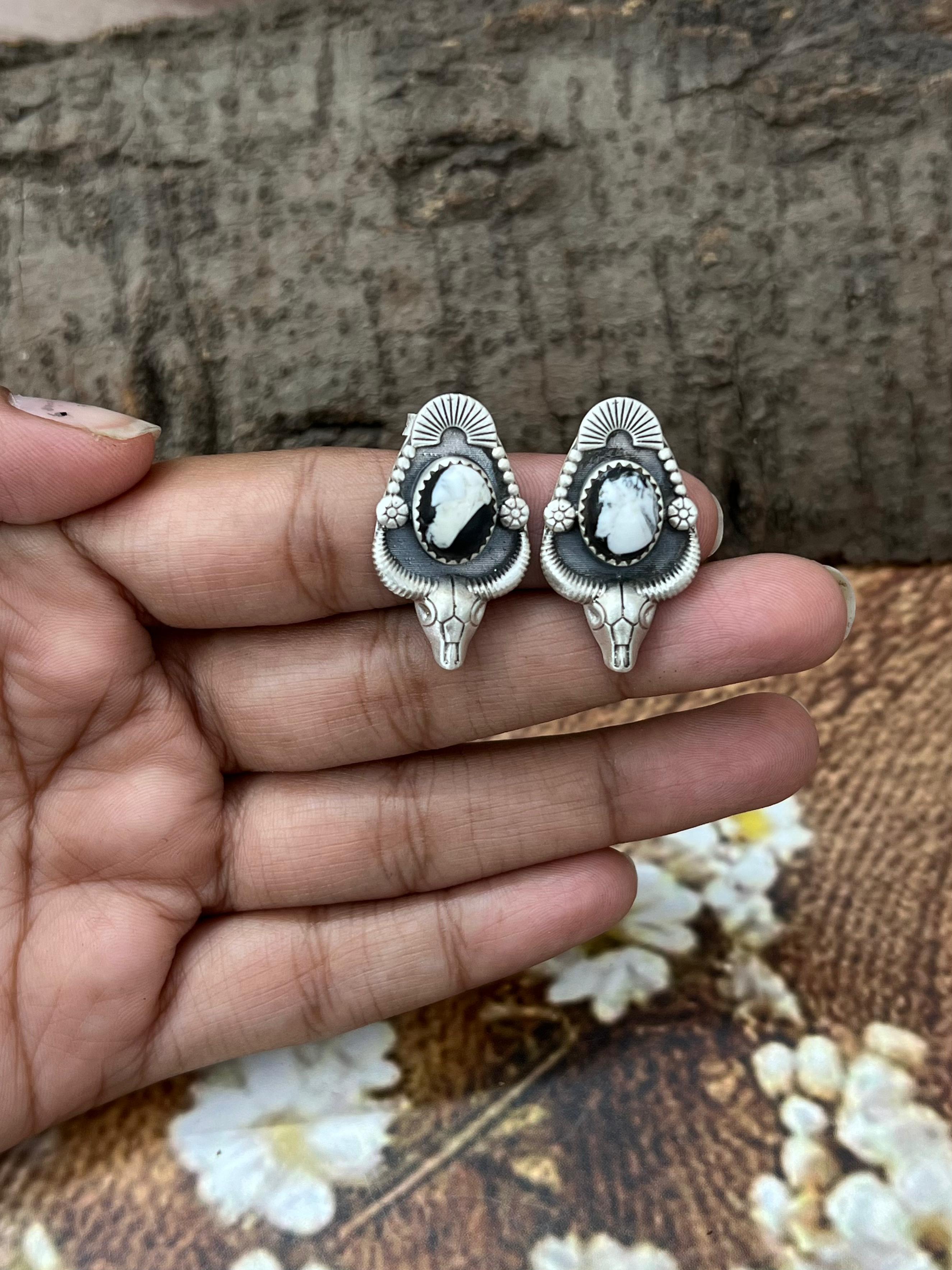 Handmade Sterling Silver White Buffalo Post Earrings with Signed Nizhoni