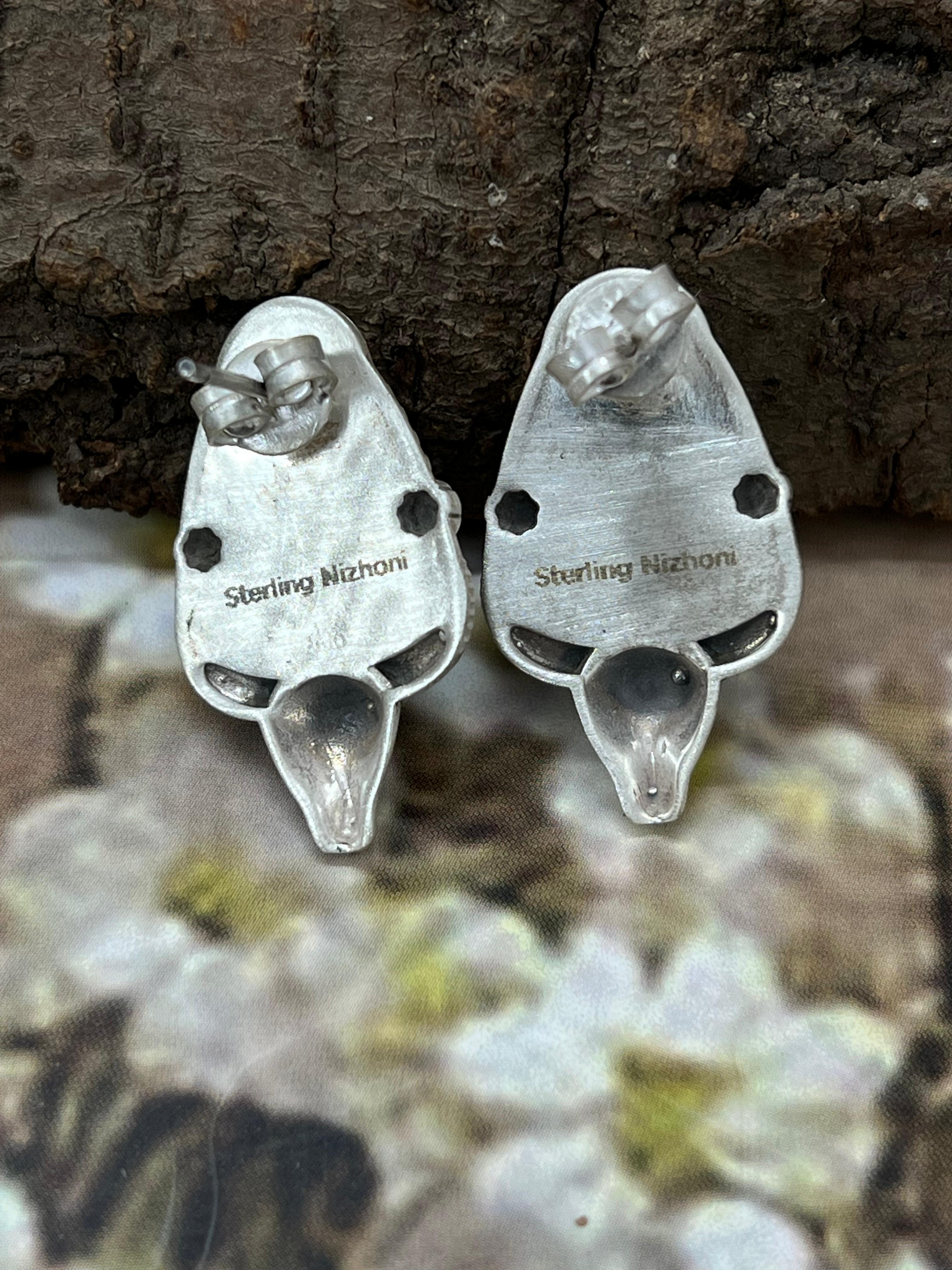 Handmade Sterling Silver White Buffalo Post Earrings with Signed Nizhoni