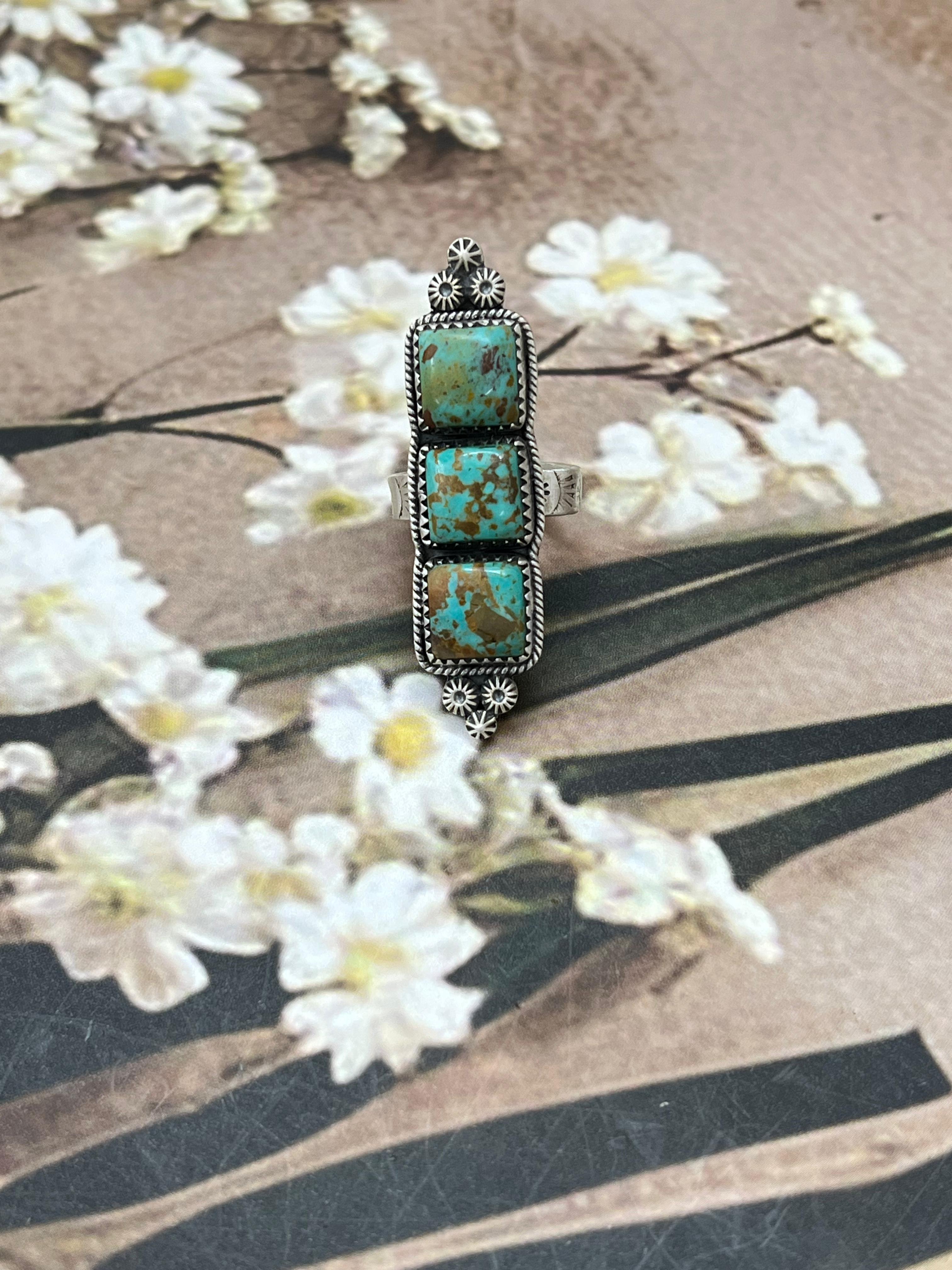 Handmade Sterling Silver Old Stock Royston Turquoise Adjustable Rings with Signed Nizhoni