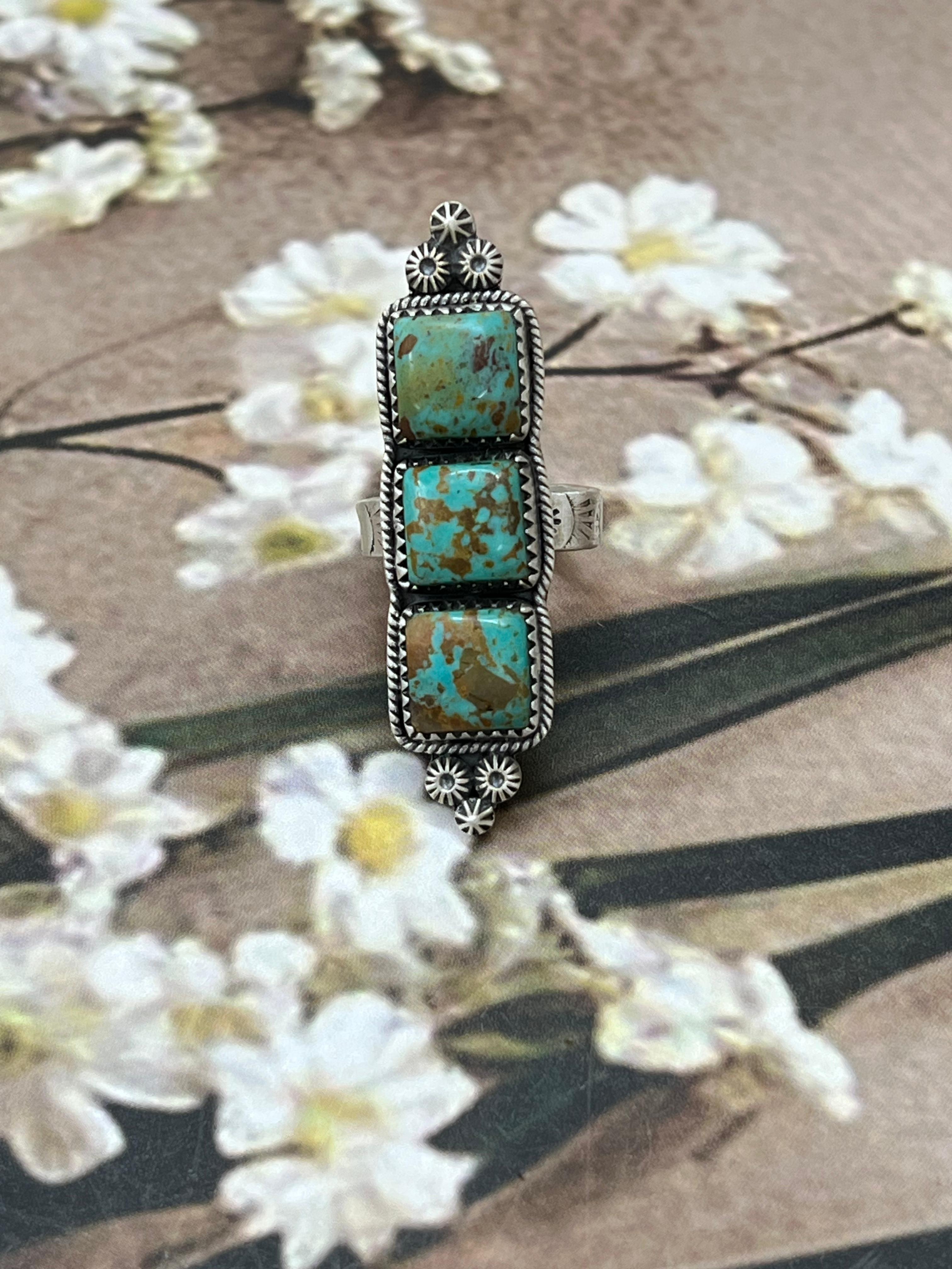 Handmade Sterling Silver Old Stock Royston Turquoise Adjustable Rings with Signed Nizhoni