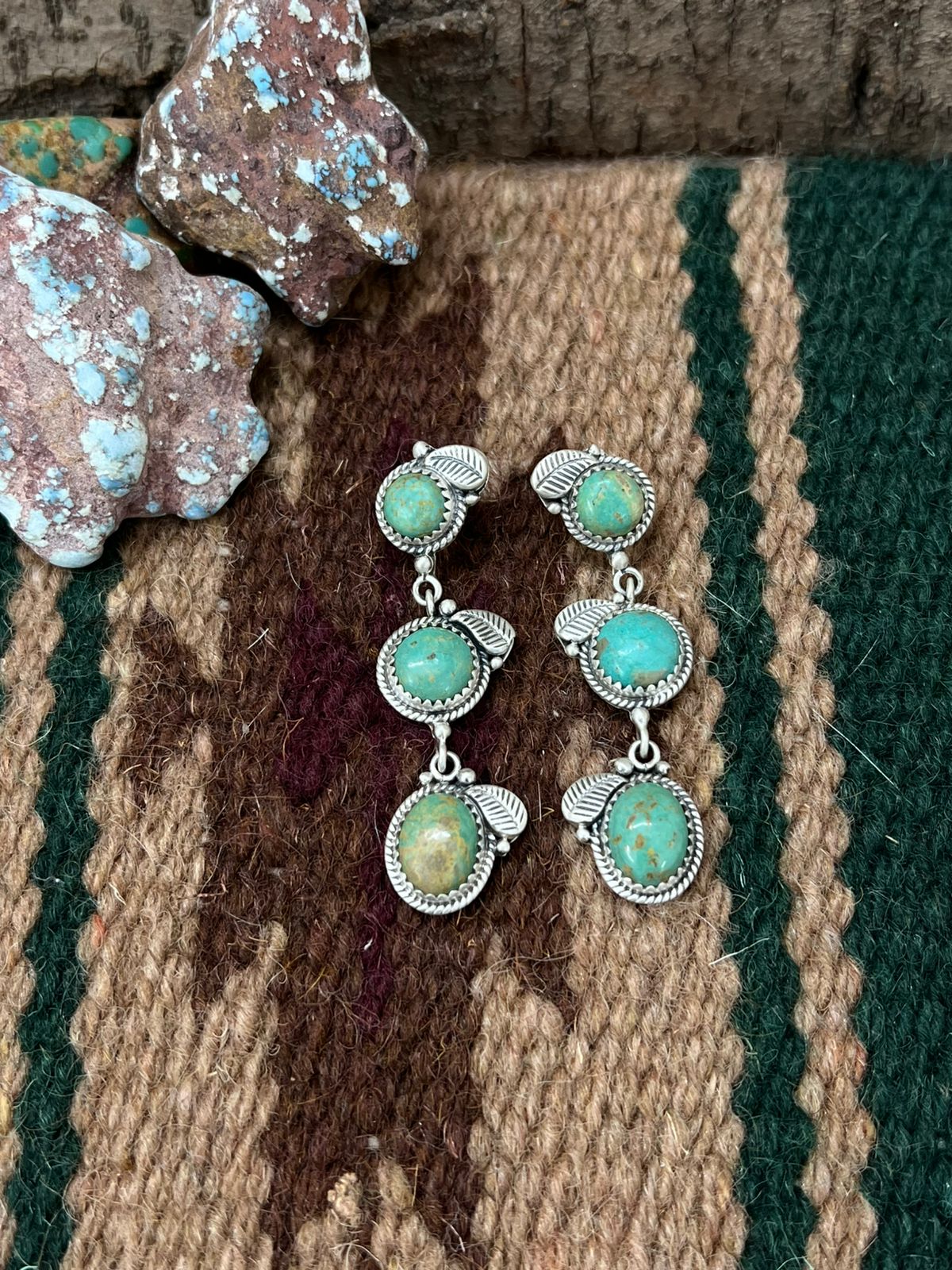 Handmade Sterling Silver Old Stock Royston Turquoise Post Dangle Earrings with Signed Nizhoni