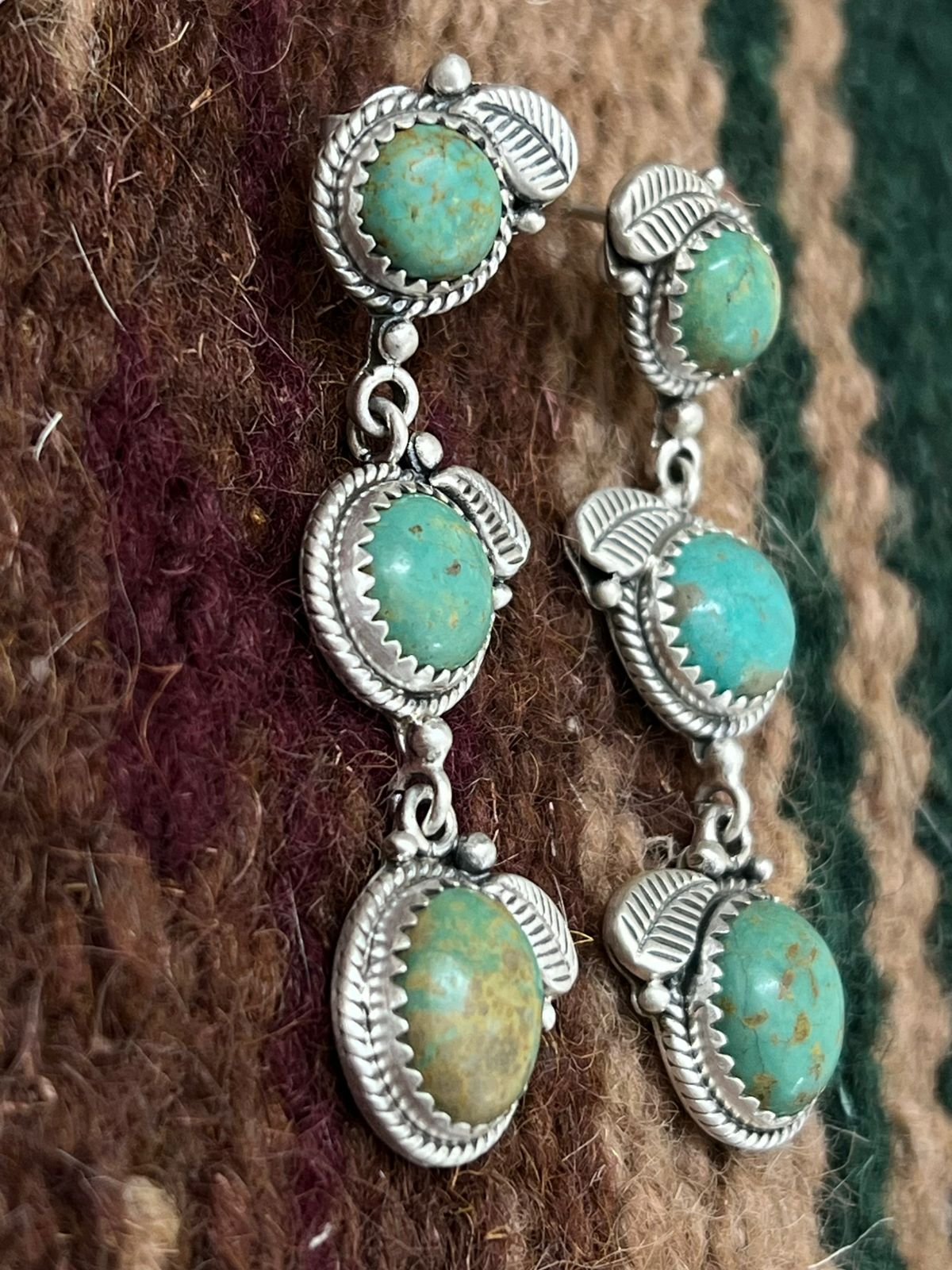 Handmade Sterling Silver Old Stock Royston Turquoise Post Dangle Earrings with Signed Nizhoni