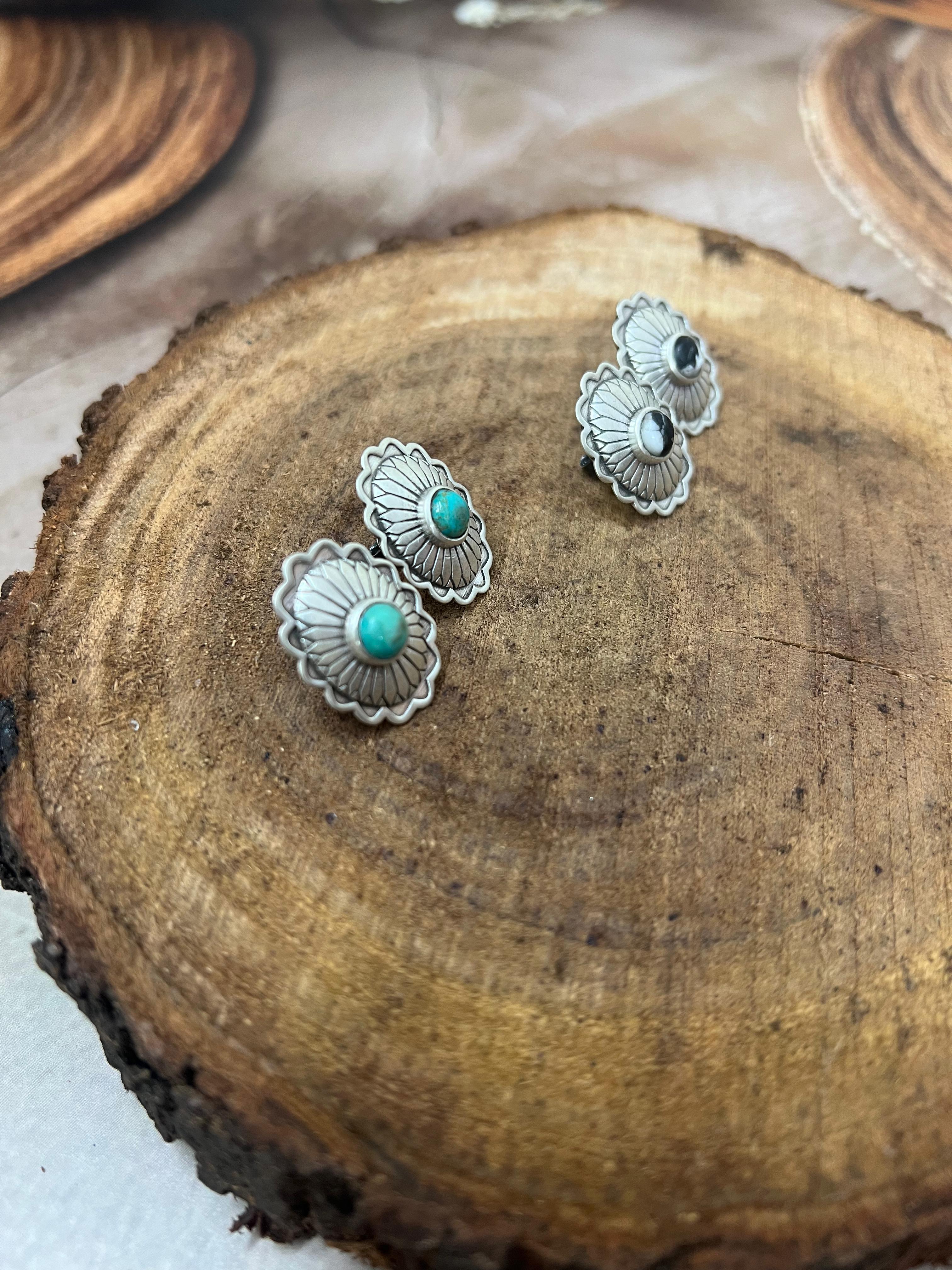 Handmade Sterling Silver Kingman Turquoise, White Buffalo Post Stud Earrings with Signed Nizhoni