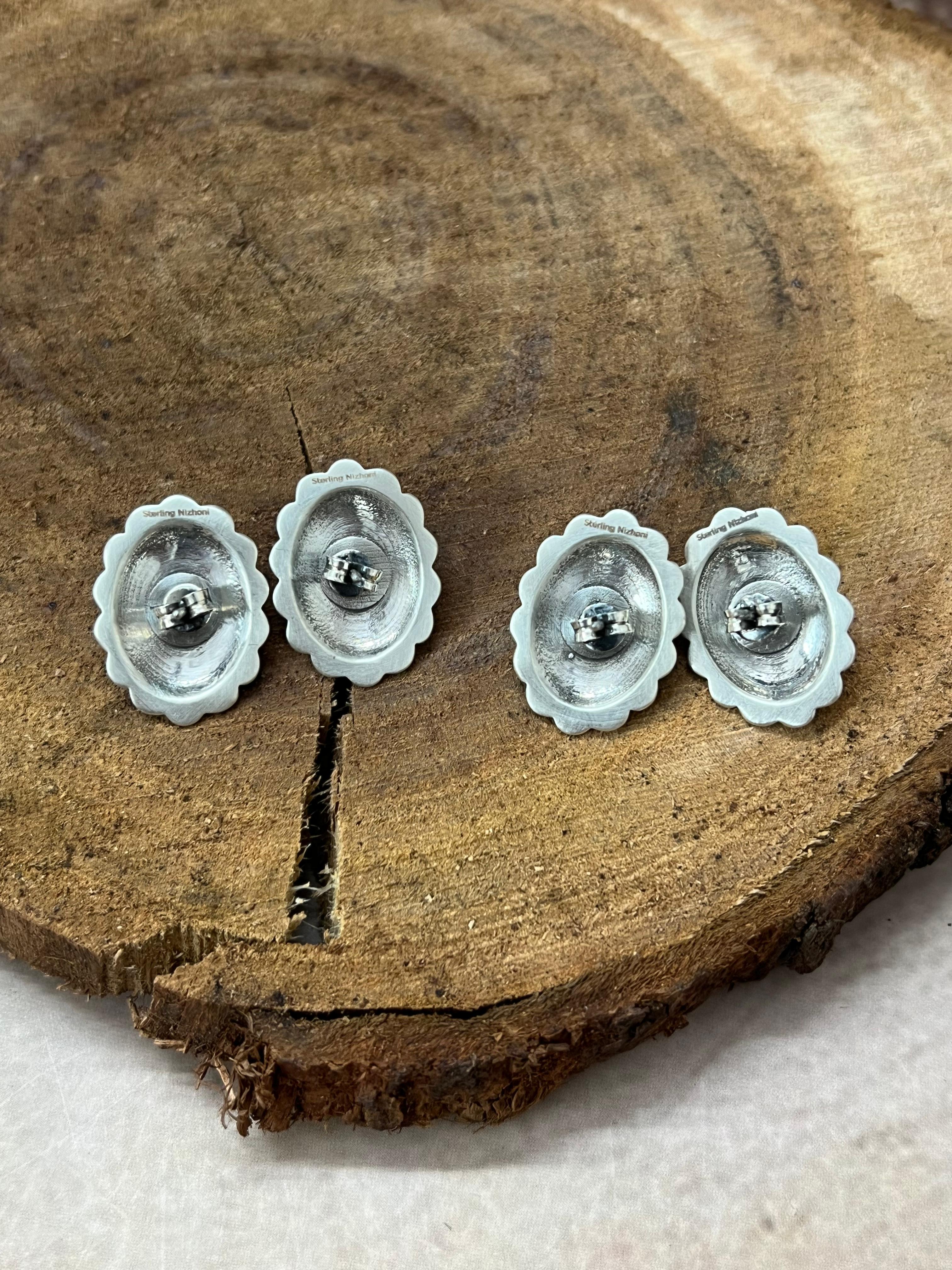 Handmade Sterling Silver Kingman Turquoise, White Buffalo Post Stud Earrings with Signed Nizhoni