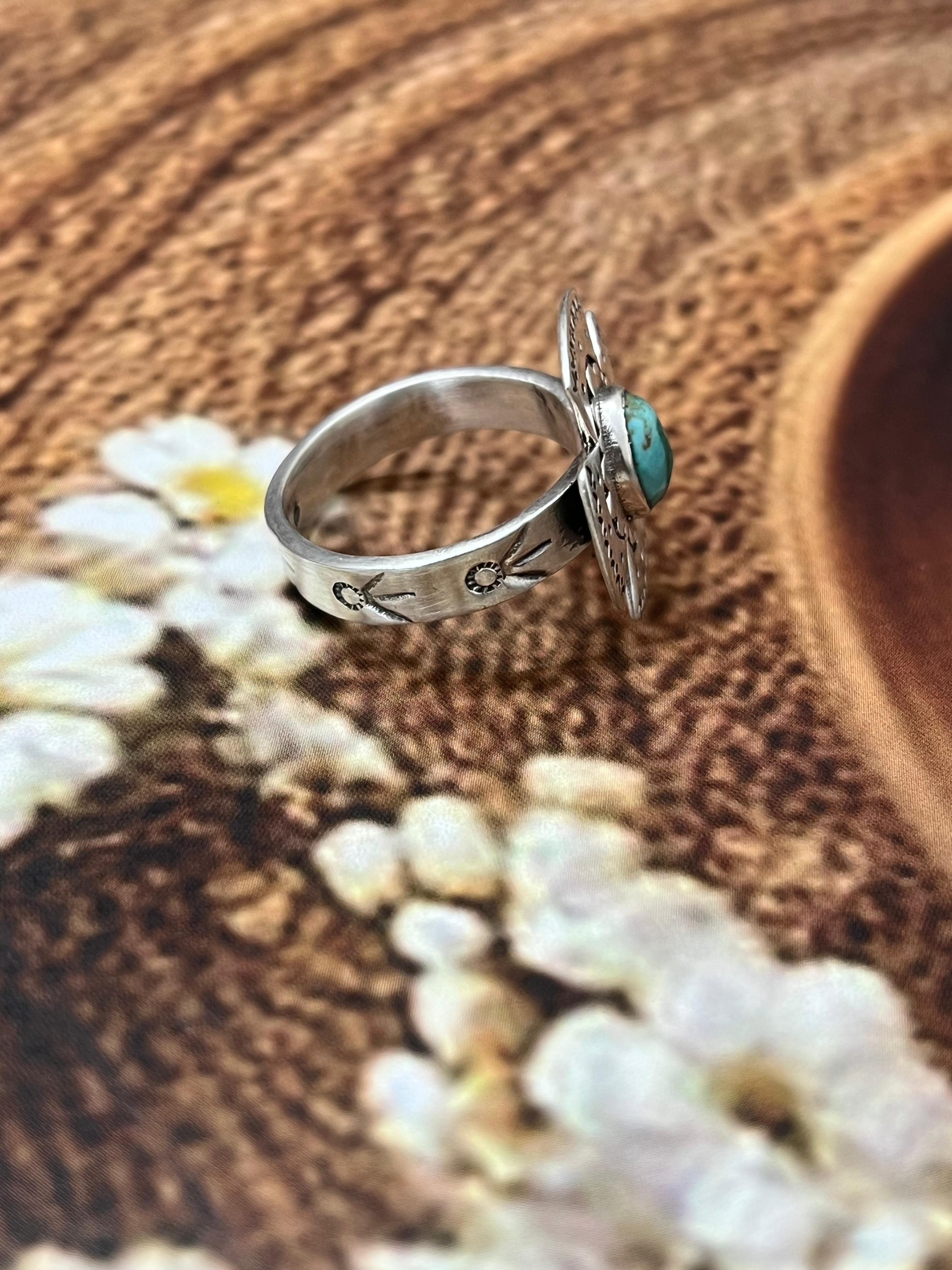 Handmade Sterling Silver Kingman Turquoise Cross Adjustable Rings with Signed Nizhoni