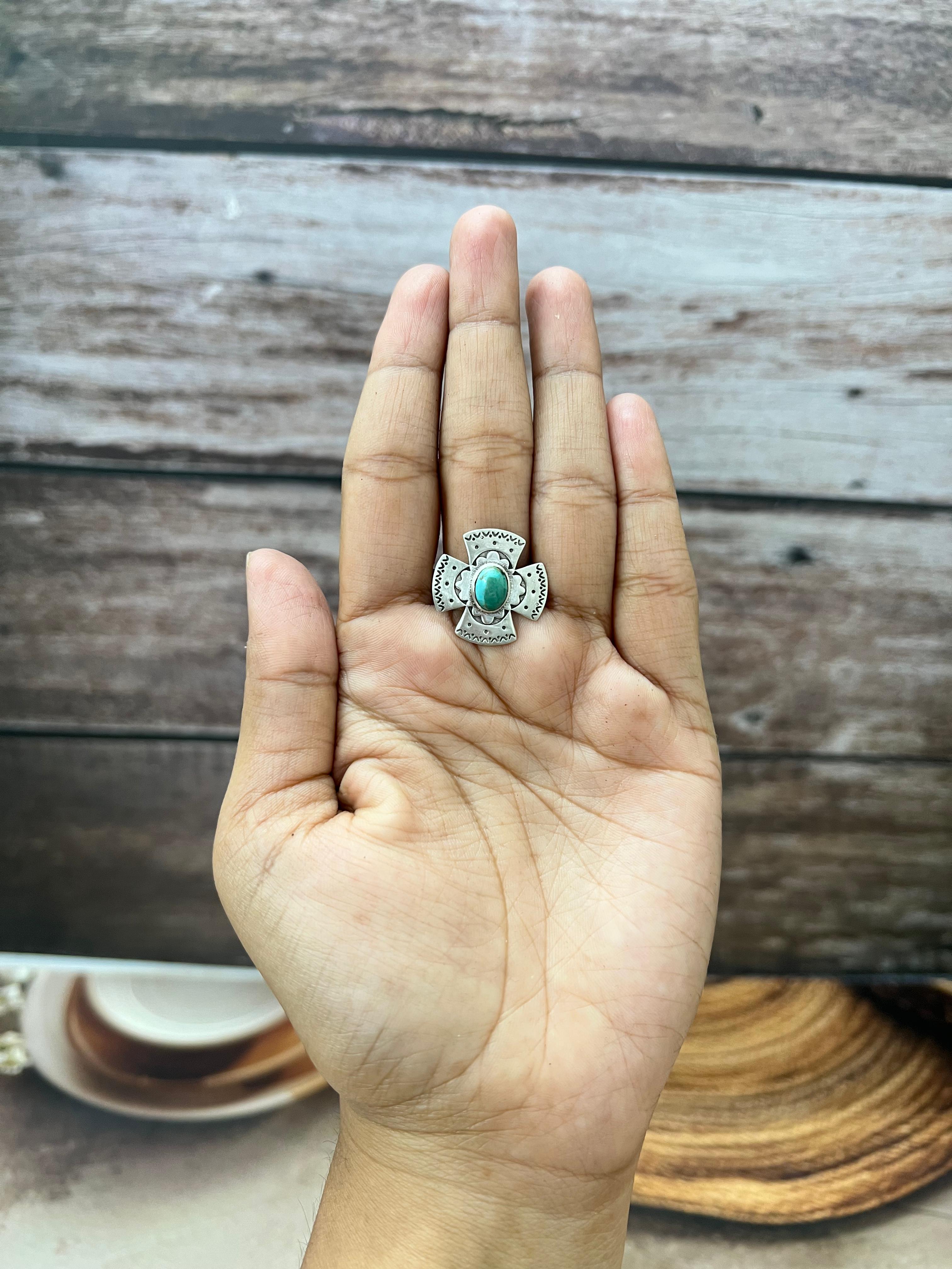 Handmade Sterling Silver Kingman Turquoise Cross Adjustable Rings with Signed Nizhoni