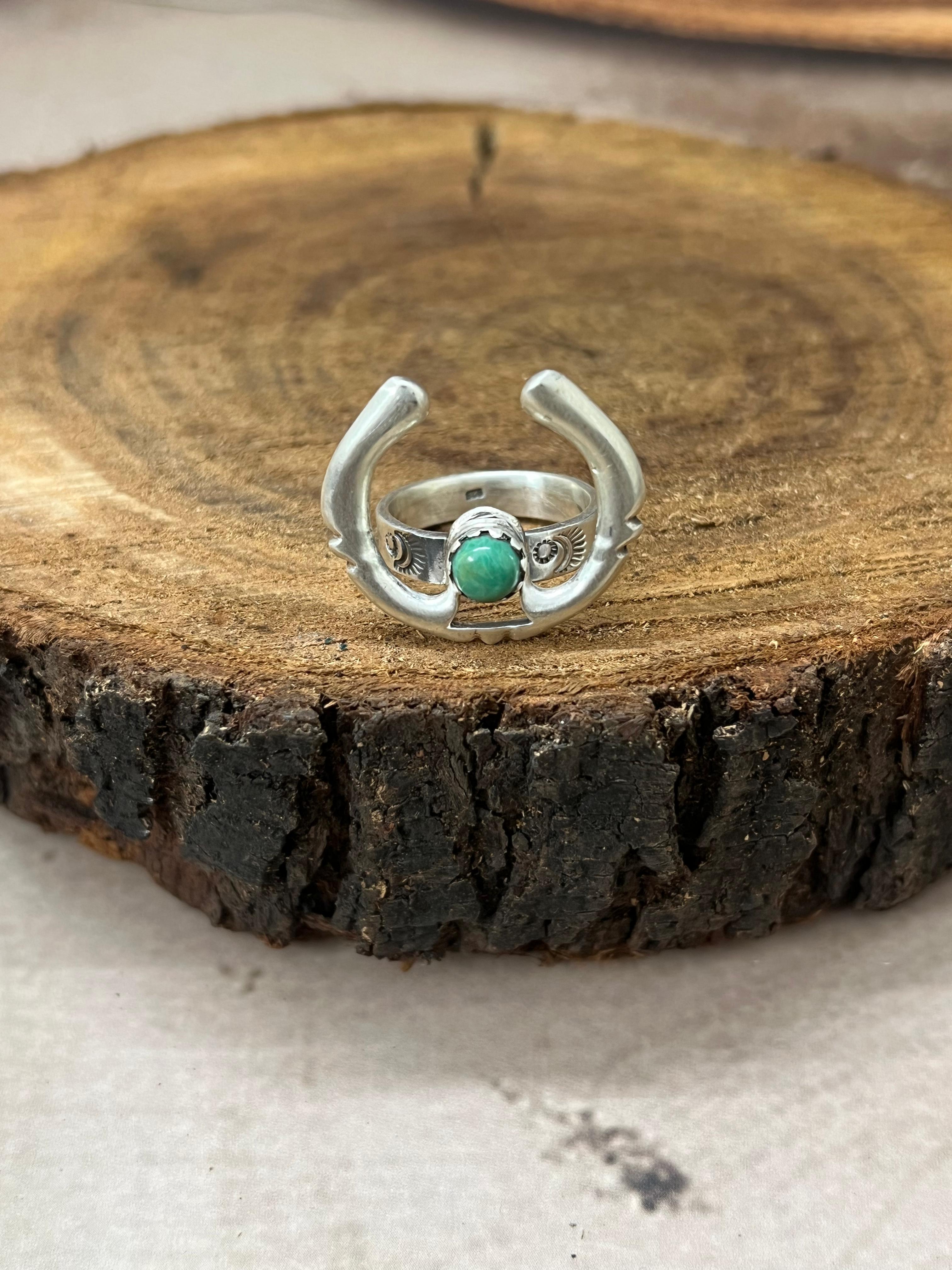 Handmade Sterling Silver Kingman Turquoise Adjustable Rings with Signed Nizhoni