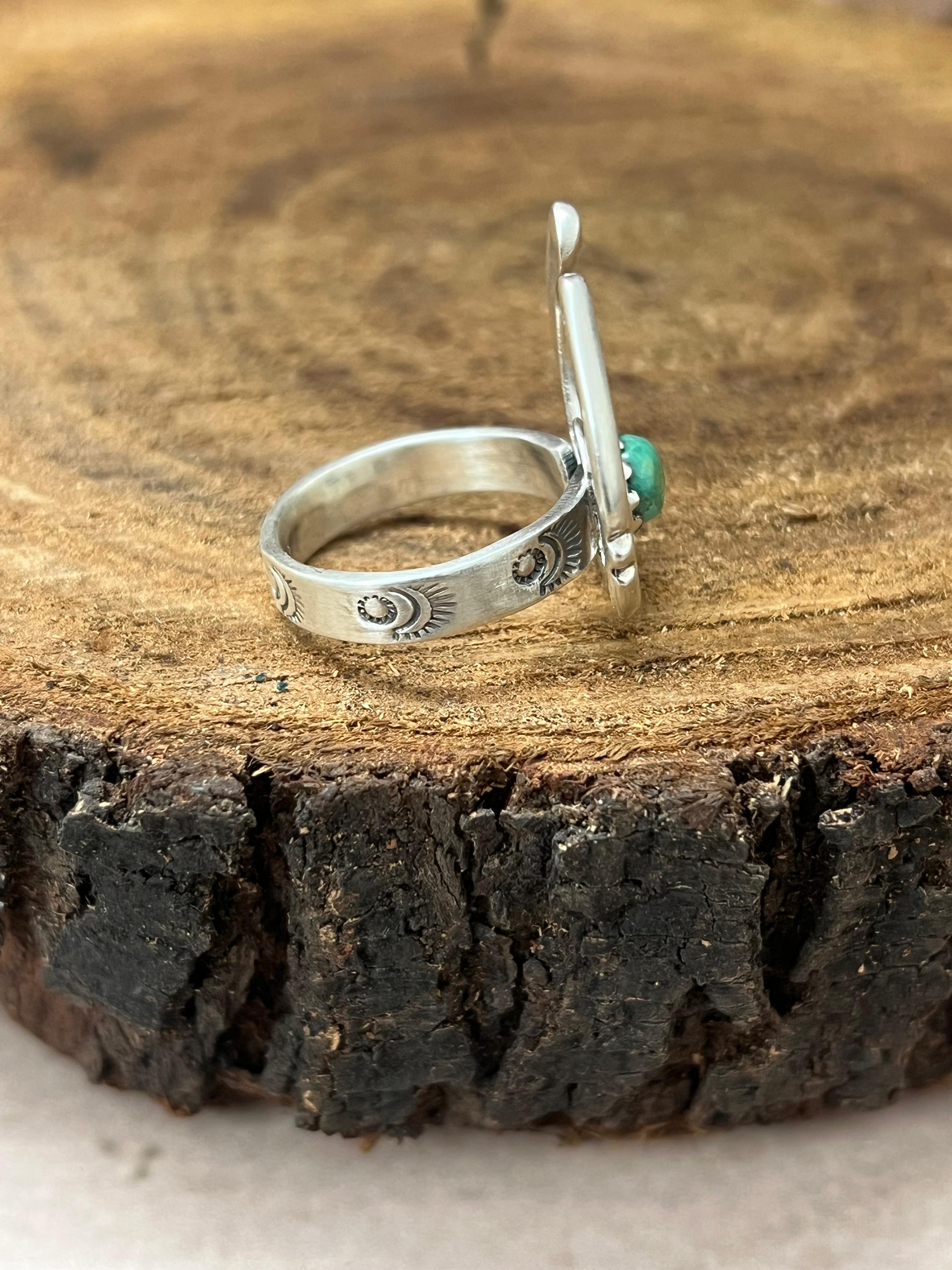 Handmade Sterling Silver Kingman Turquoise Adjustable Rings with Signed Nizhoni