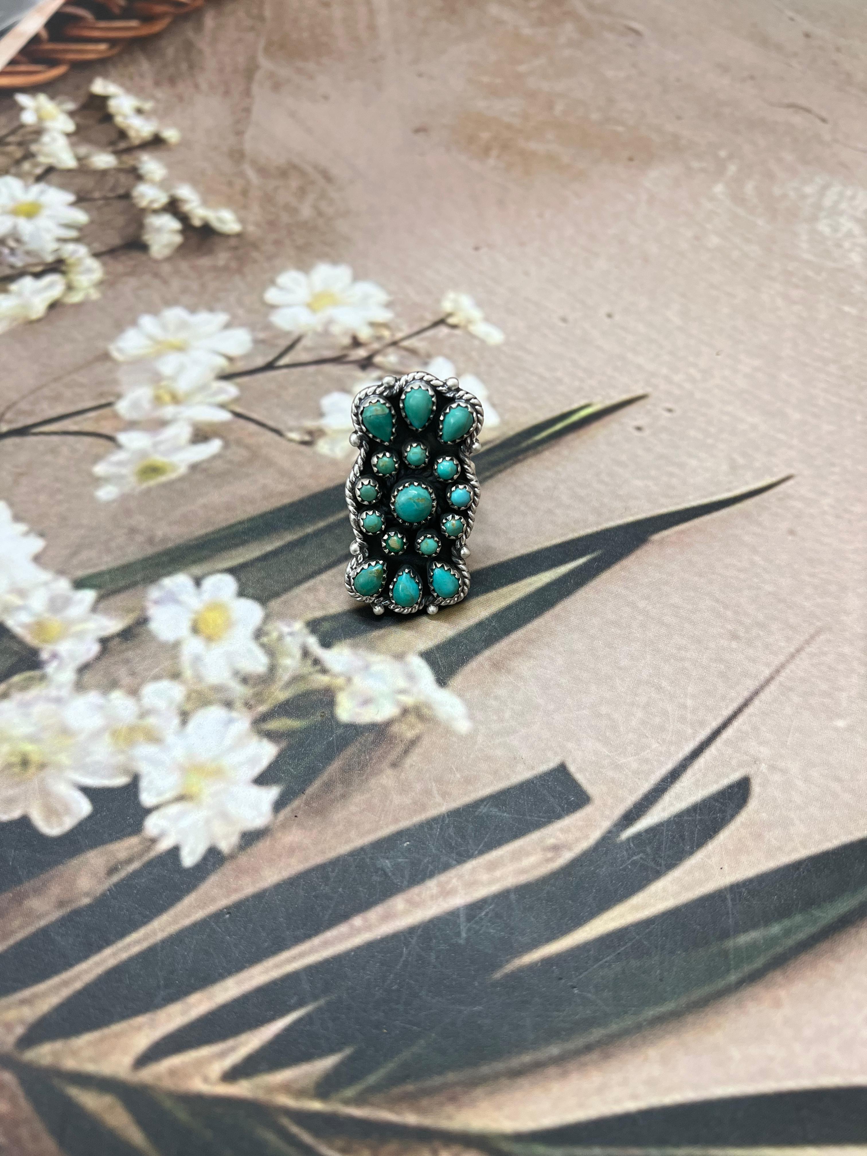 Handmade Sterling Silver Kingman Turquoise Adjustable Rings with Signed Nizhoni