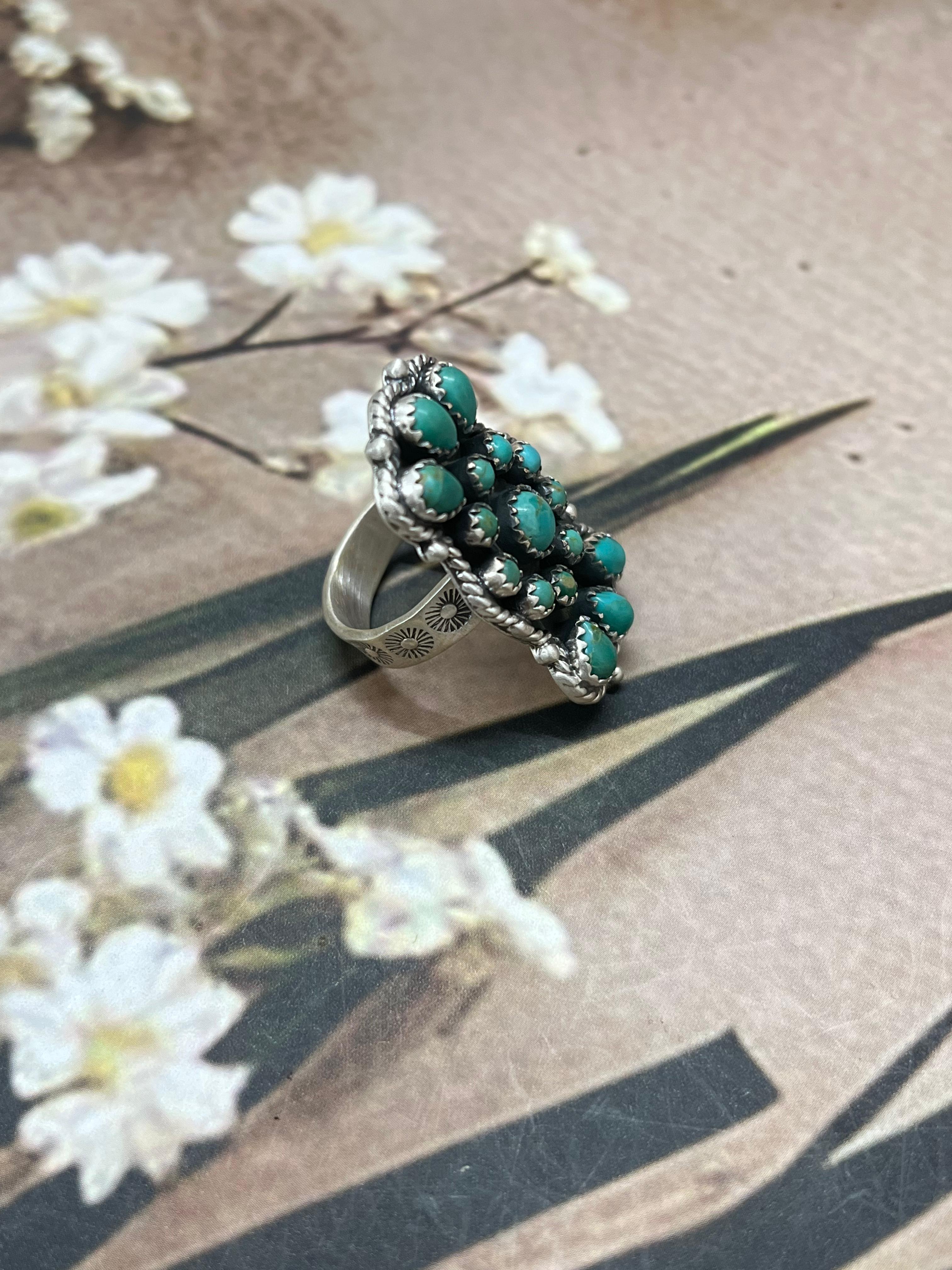 Handmade Sterling Silver Kingman Turquoise Adjustable Rings with Signed Nizhoni