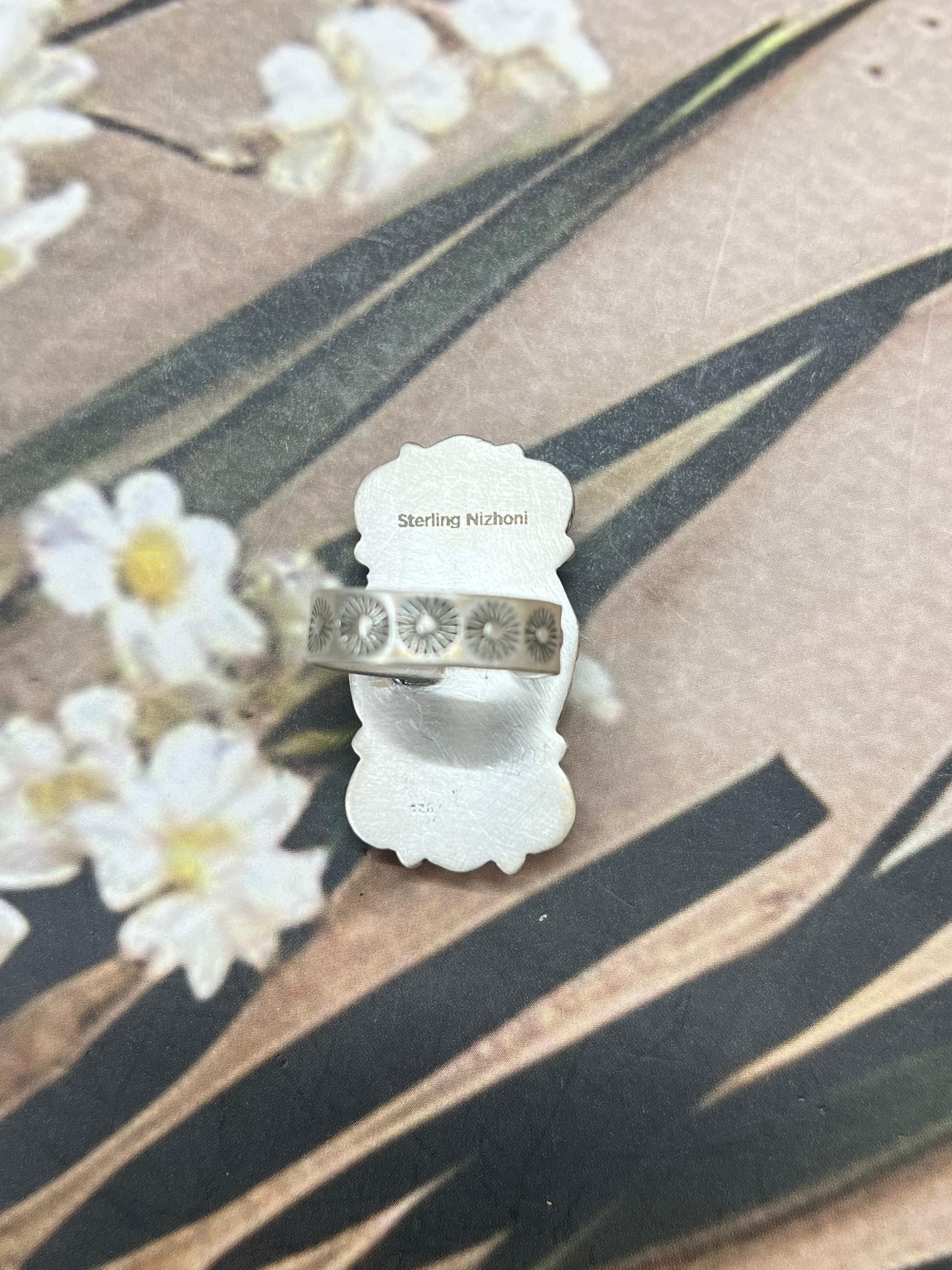 Handmade Sterling Silver Kingman Turquoise Adjustable Rings with Signed Nizhoni