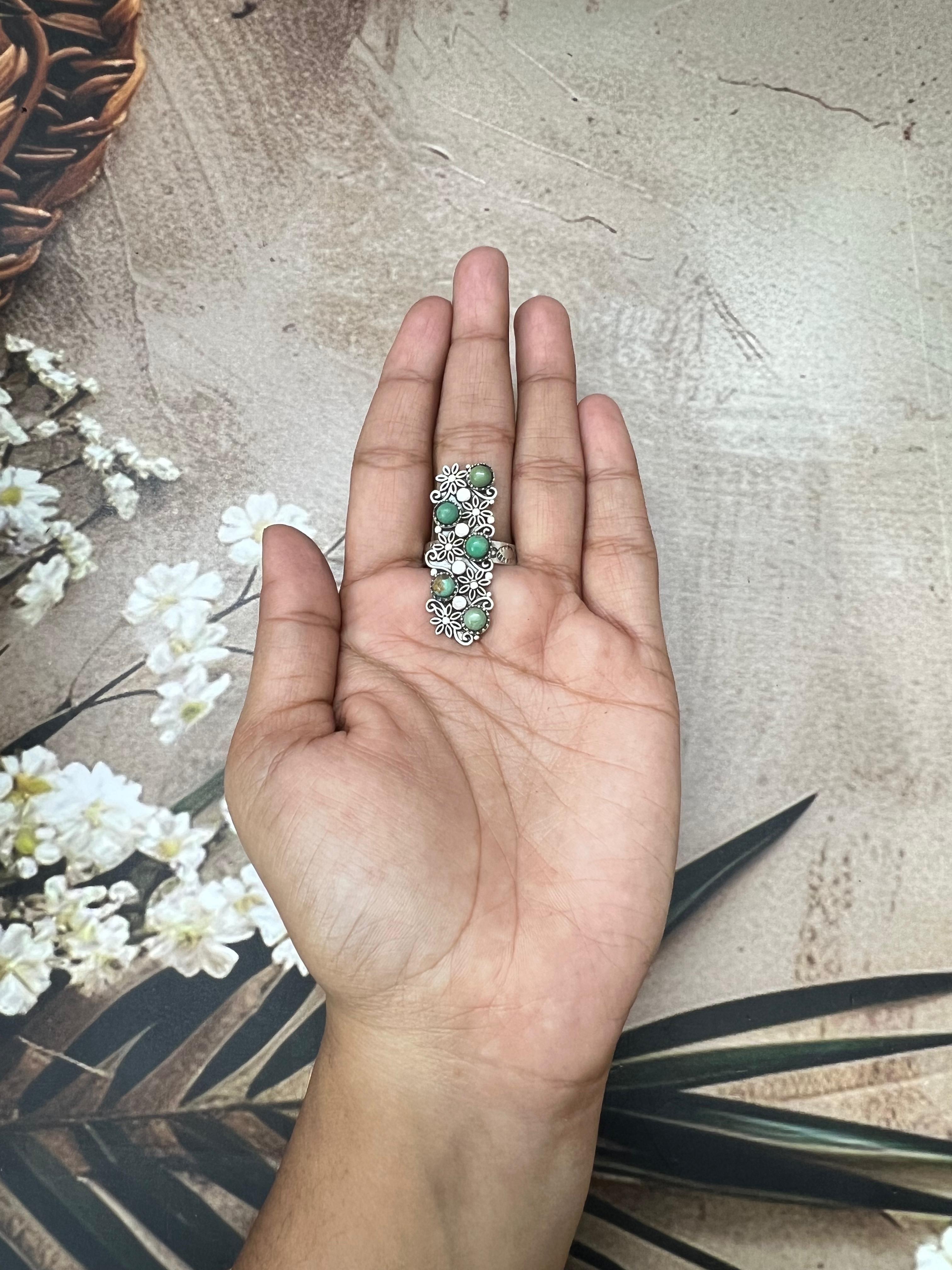Handmade Sterling Silver Kingman Turquoise Adjustable Rings with Signed Nizhoni