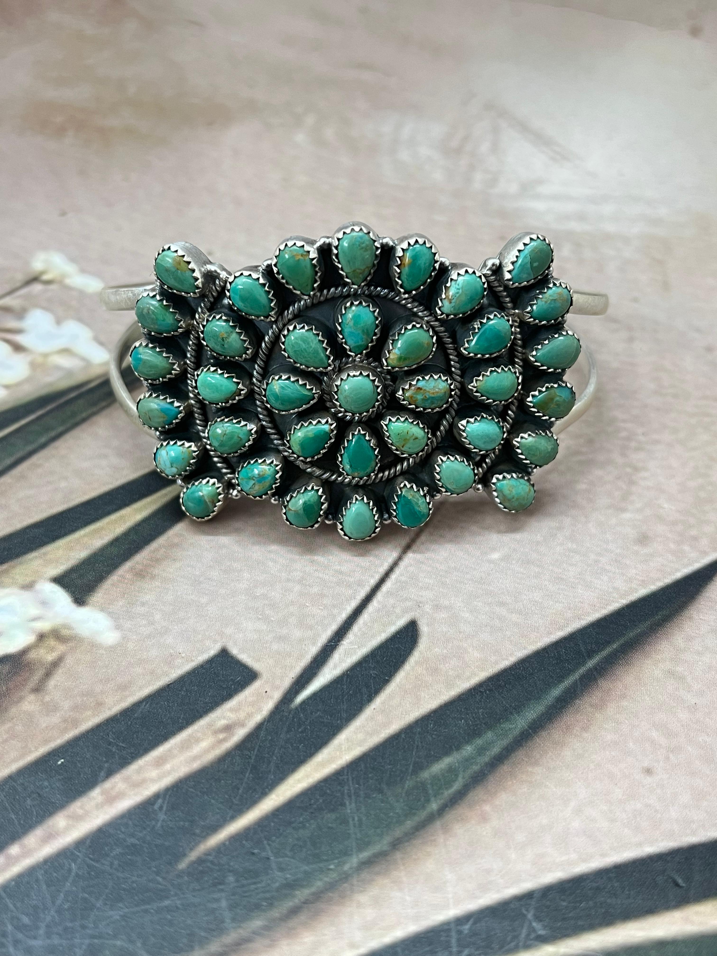 Handmade Sterling Silver Kingman Turquoise Bracelet with Signed Nizhoni