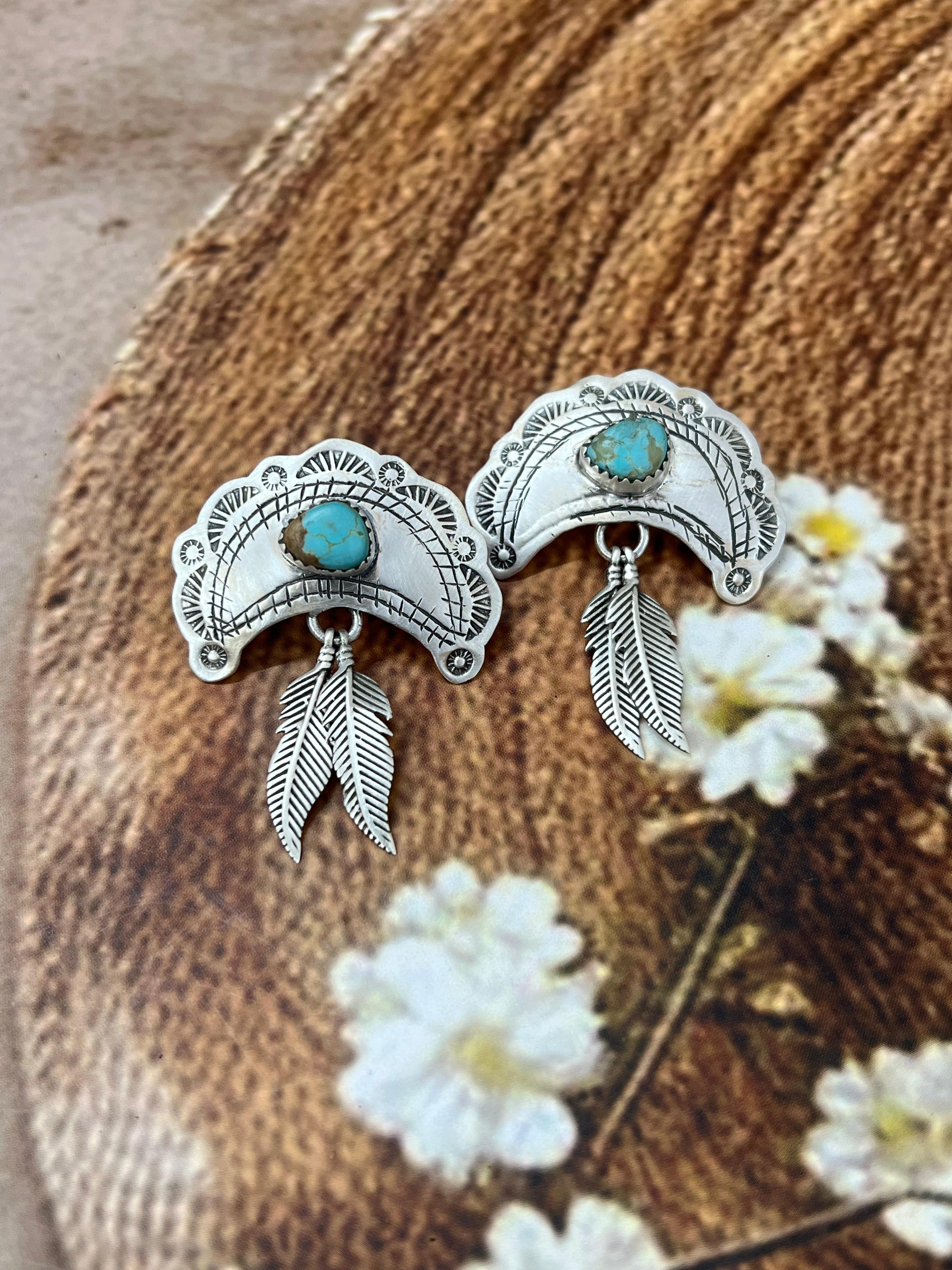 Handmade Sterling Silver Number 8 Turquoise Post Dangle Earrings with Signed Nizhoni