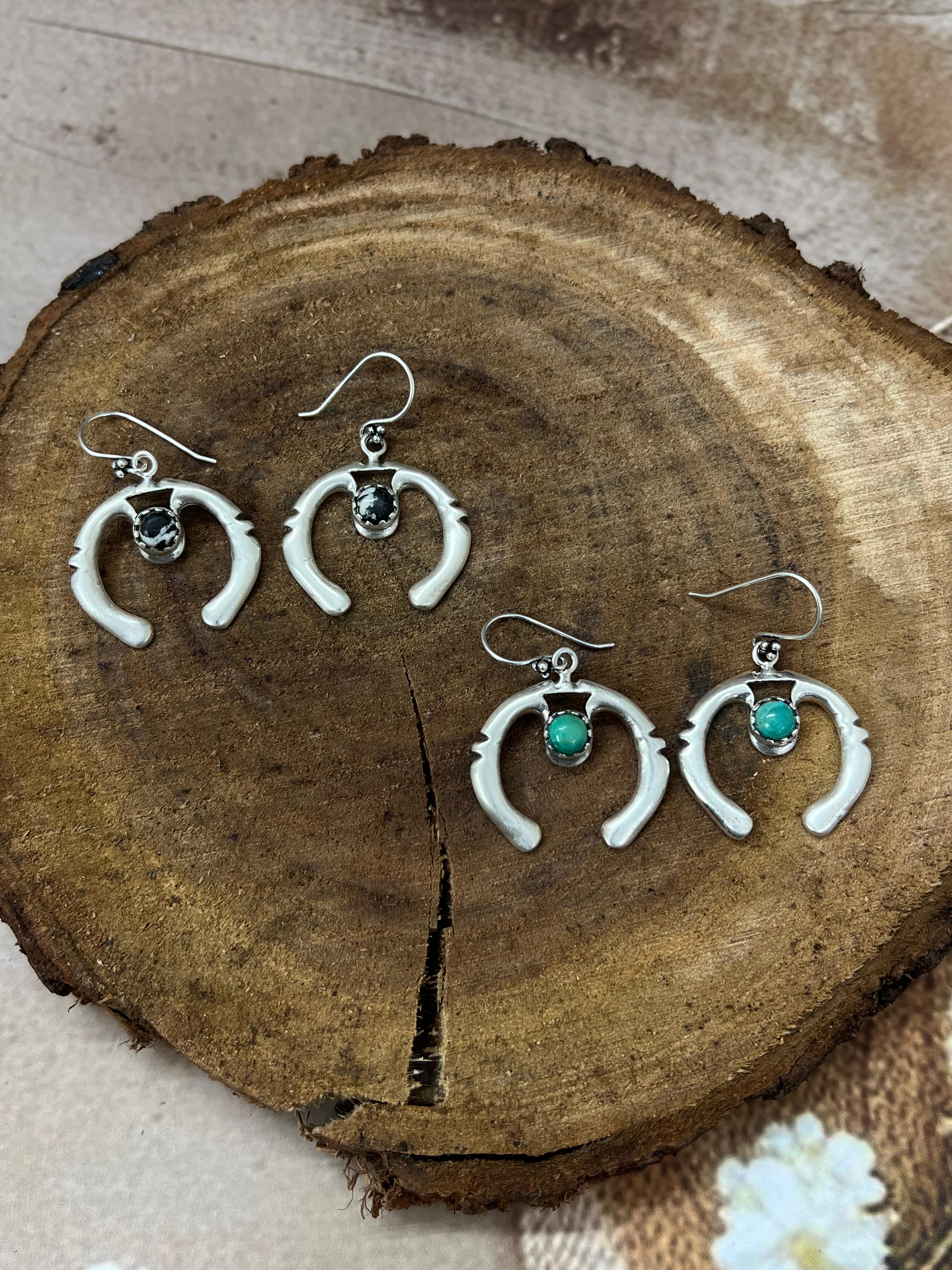 Handmade Sterling Silver Kingman Turquoise, White Buffalo Naja Post Dangle Earrings with Signed Nizhoni