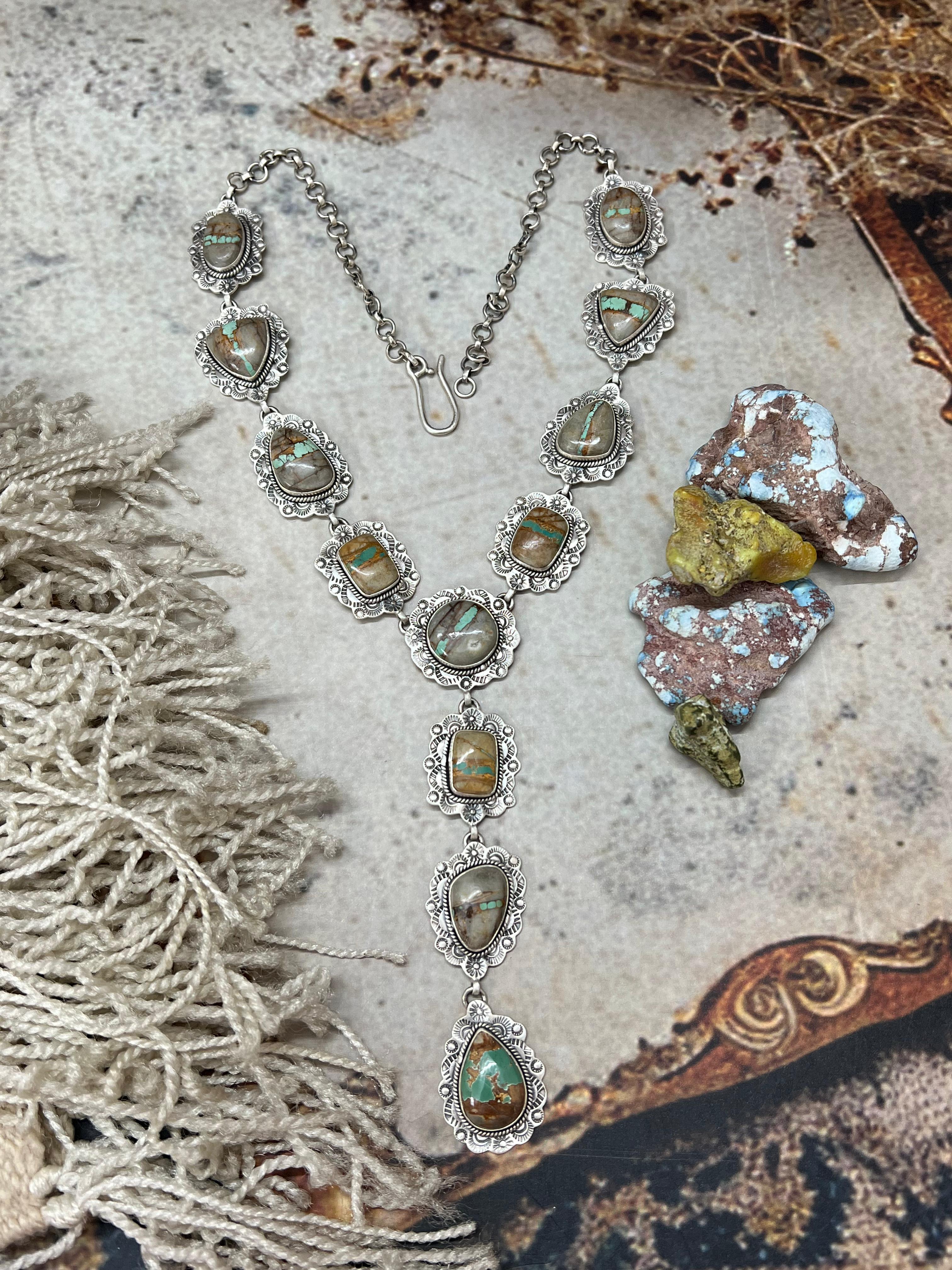 Handmade Sterling Silver Royston Ribbon Turquoise Necklace with Signed Nizhoni