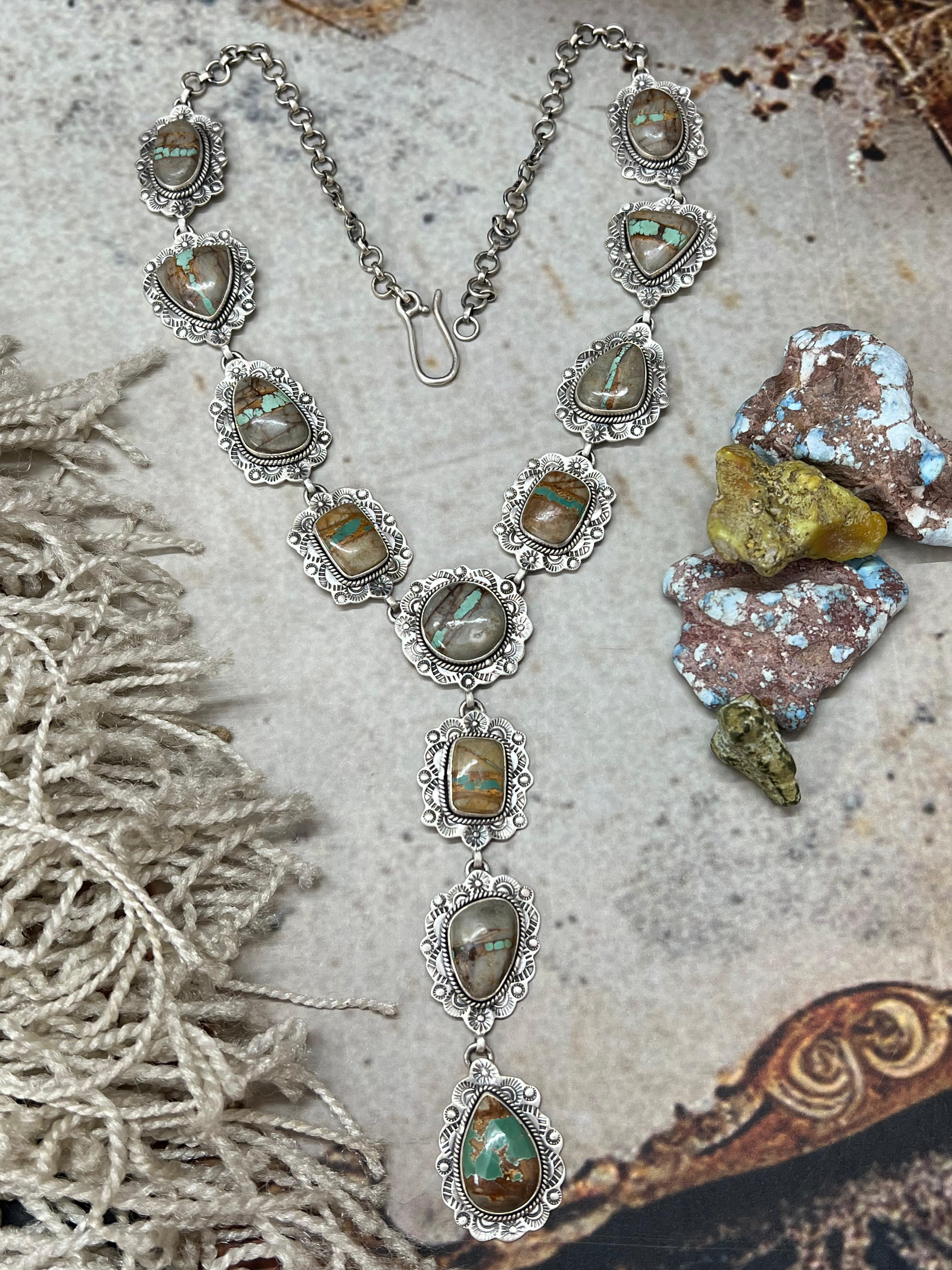 Handmade Sterling Silver Royston Ribbon Turquoise Necklace with Signed Nizhoni