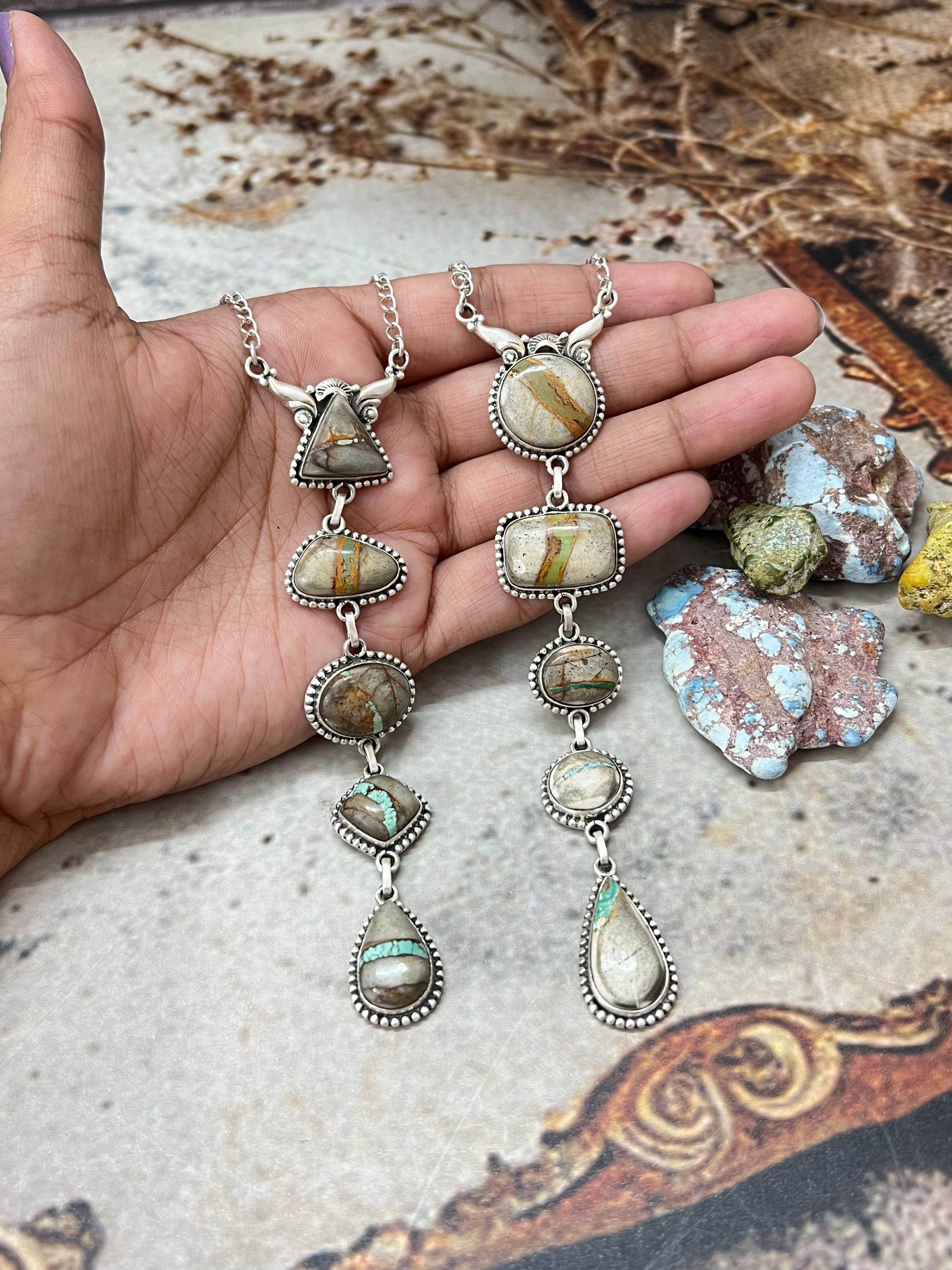 Handmade Sterling Silver Royston Ribbon Turquoise Necklace with Signed Nizhoni